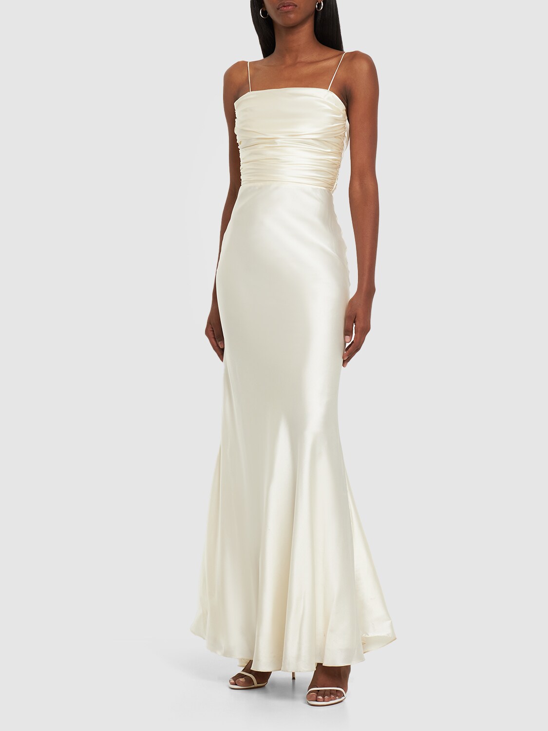 Shop Mach & Mach Stretch Silk Draped Maxi Dress In White