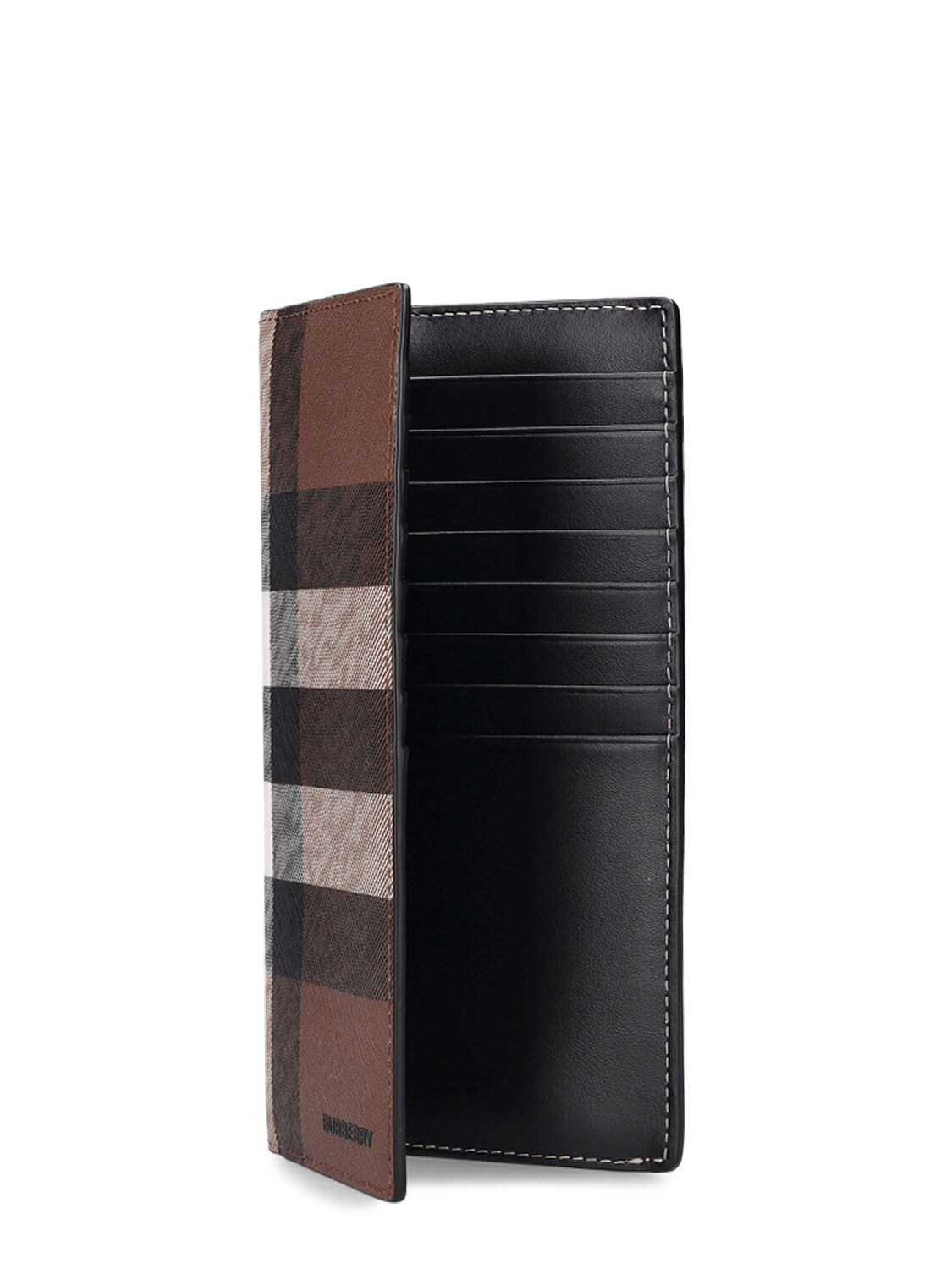 Check and Leather Continental Wallet in Dark Birch Brown - Women