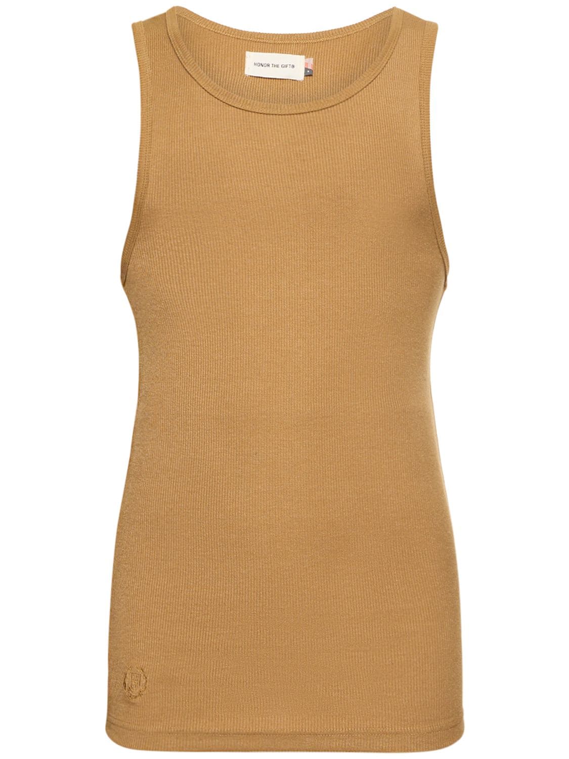Honor The Gift Monochrome Ribbed Cotton Tank Top In Khaki
