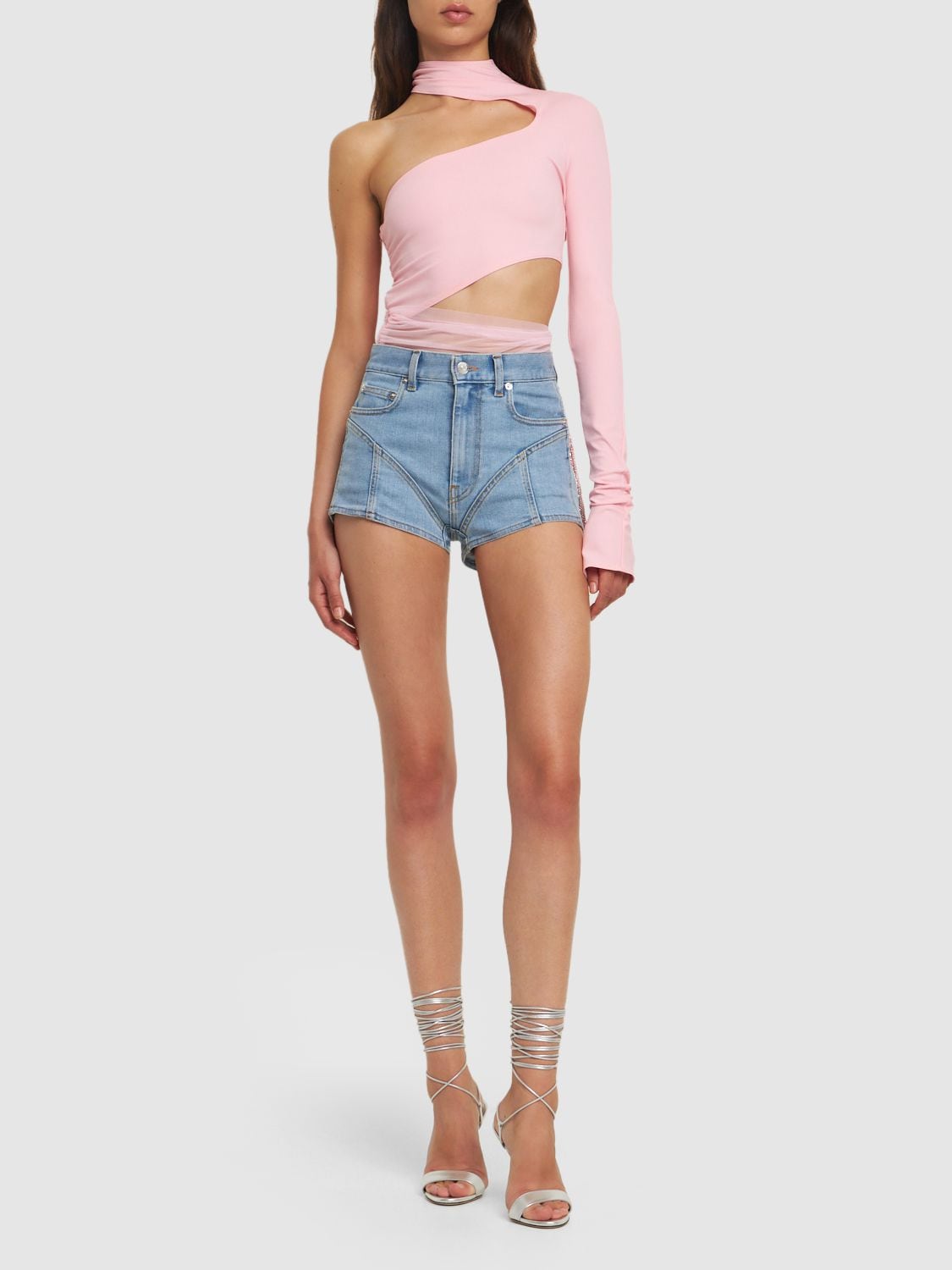 Shop Mugler Lvr Exclusive Jersey & Tulle Cutout Body In Pink,nude