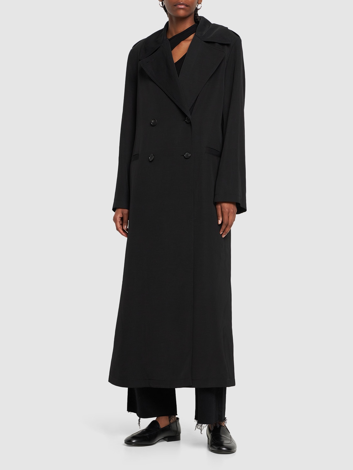 Shop Totême Summer Fluid Viscose Blend Long Coat In Black