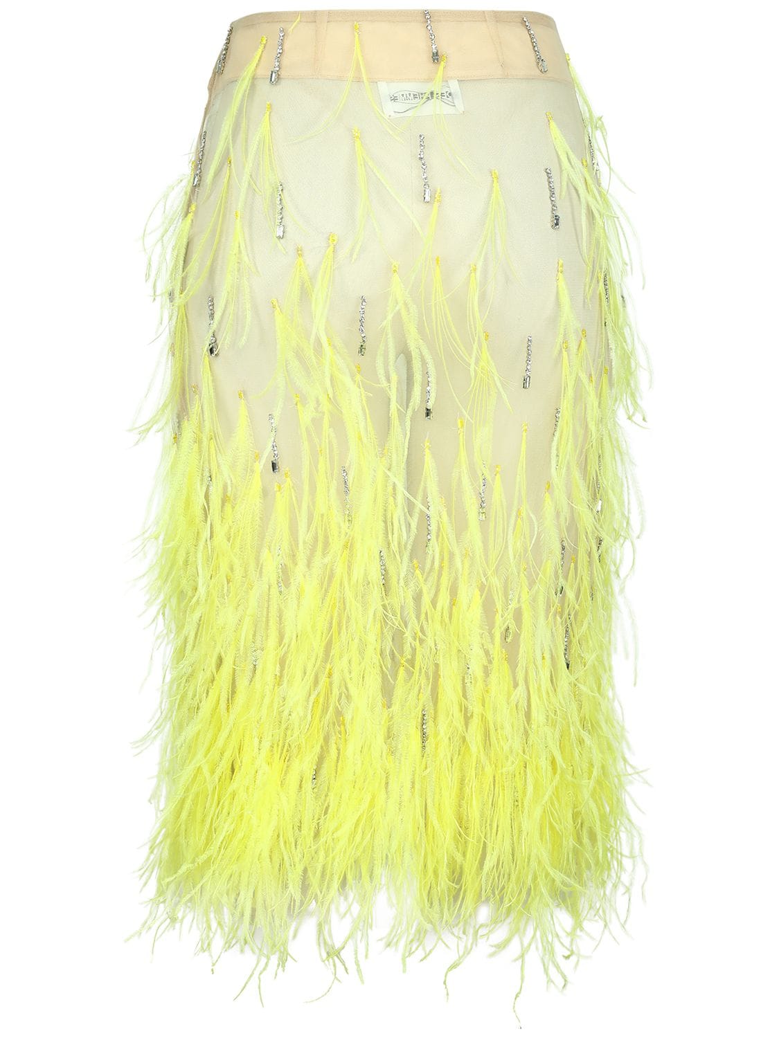 Shop Des Phemmes Tulle Midi Skirt W/feathers In Yellow