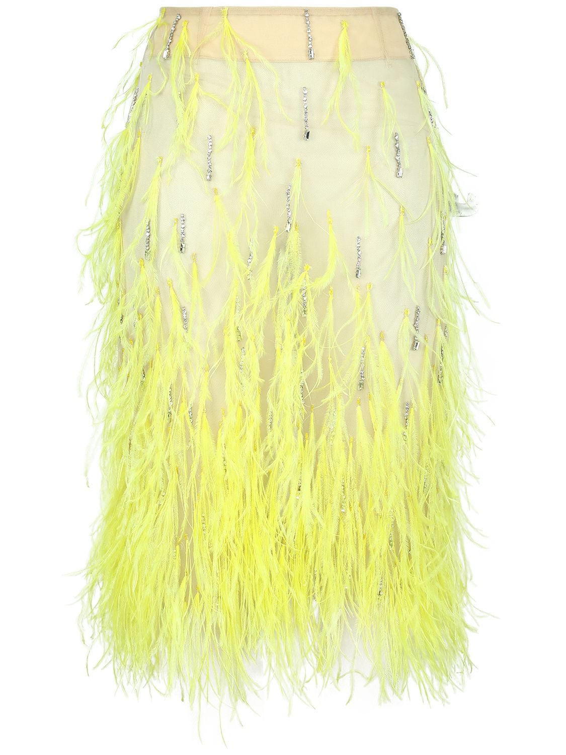 Des Phemmes Tulle Midi Skirt W/feathers In Yellow