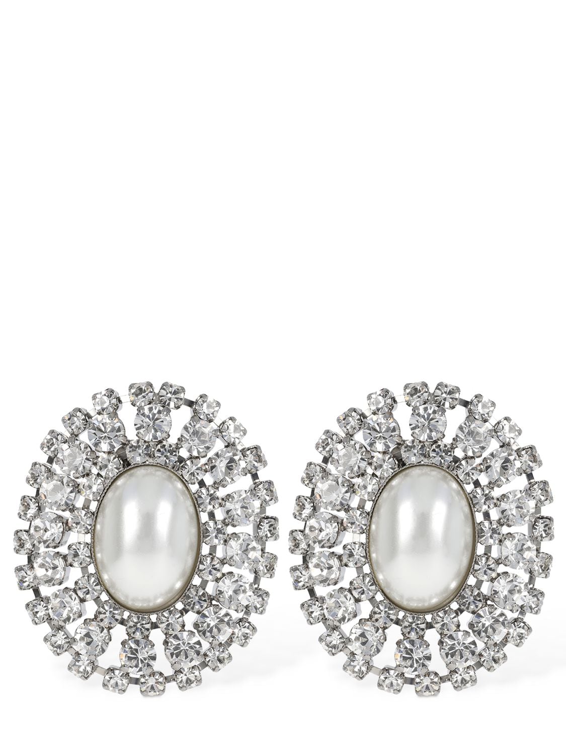 Shop Alessandra Rich Oval Crystal Earrings W/ Faux Pearl In 화이트,크리스탈