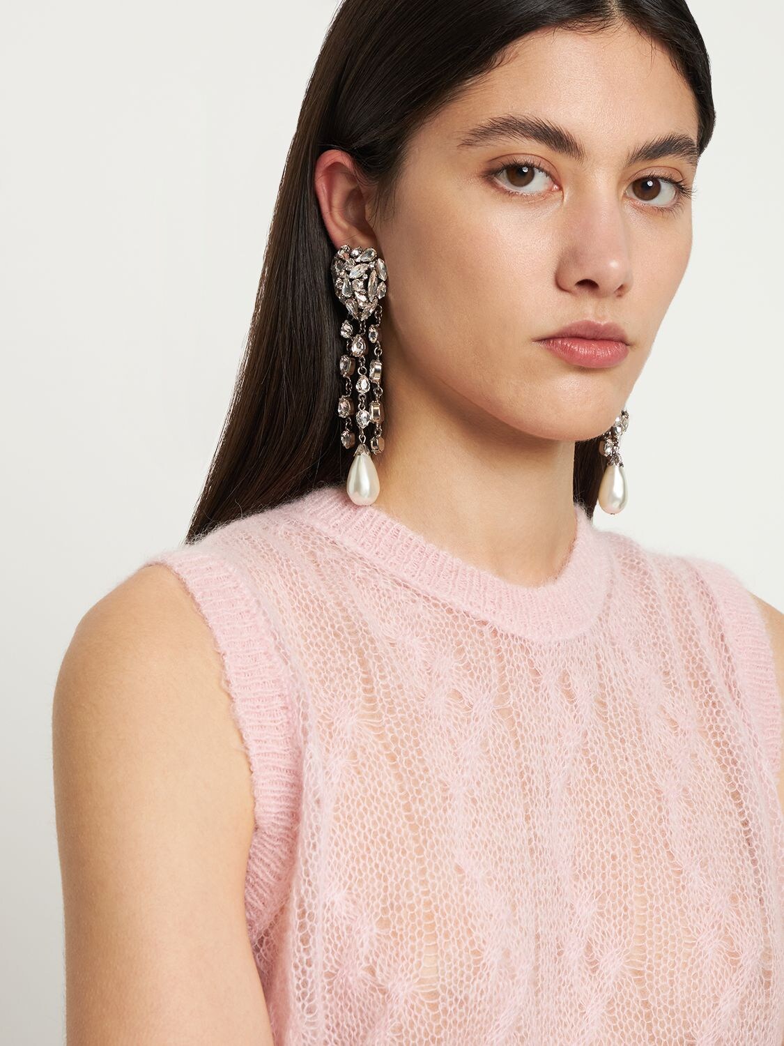 Shop Alessandra Rich Crystal Heart Earrings W/ Fringes In Silver