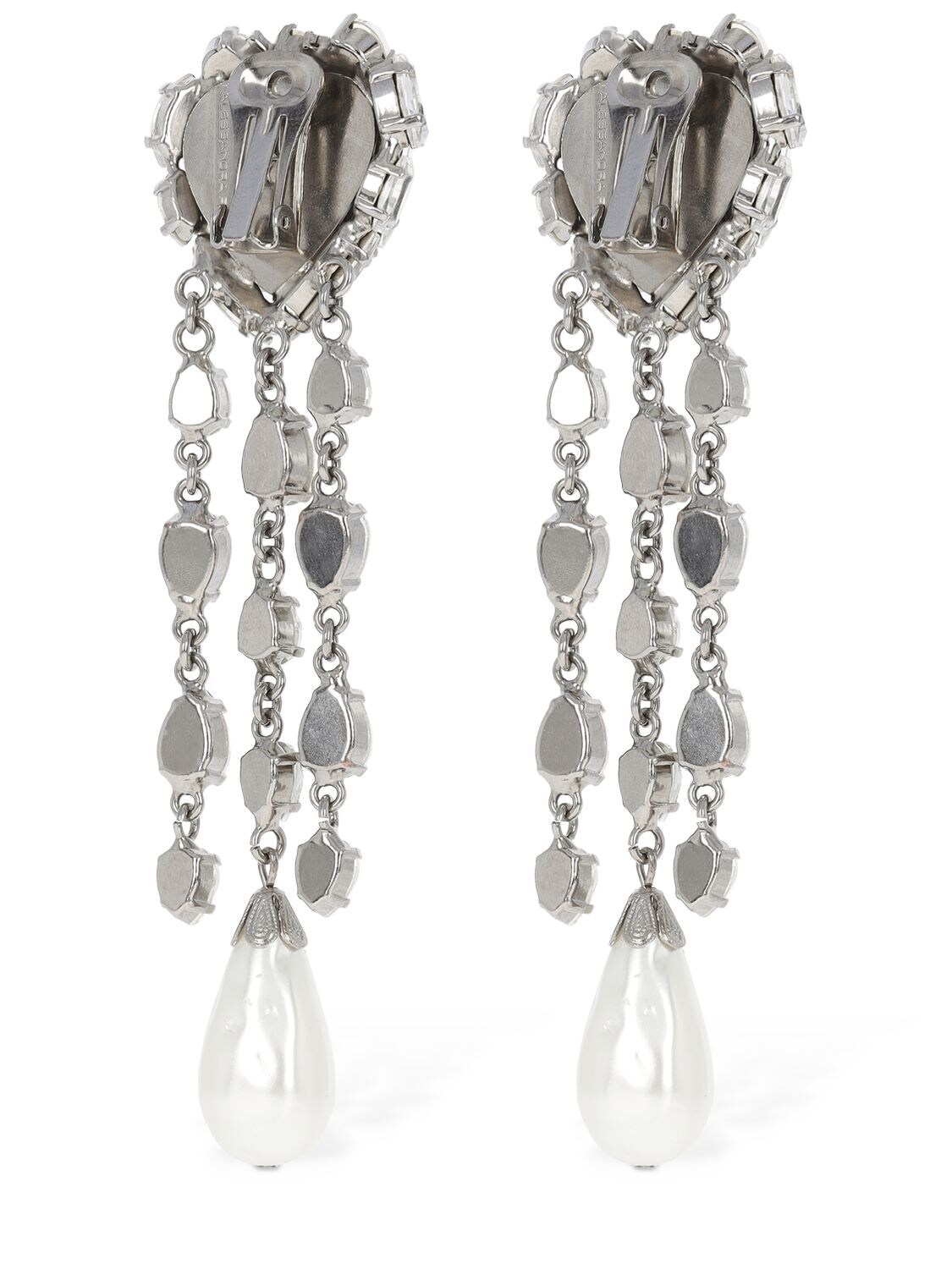 Shop Alessandra Rich Crystal Heart Earrings W/ Fringes In Silver