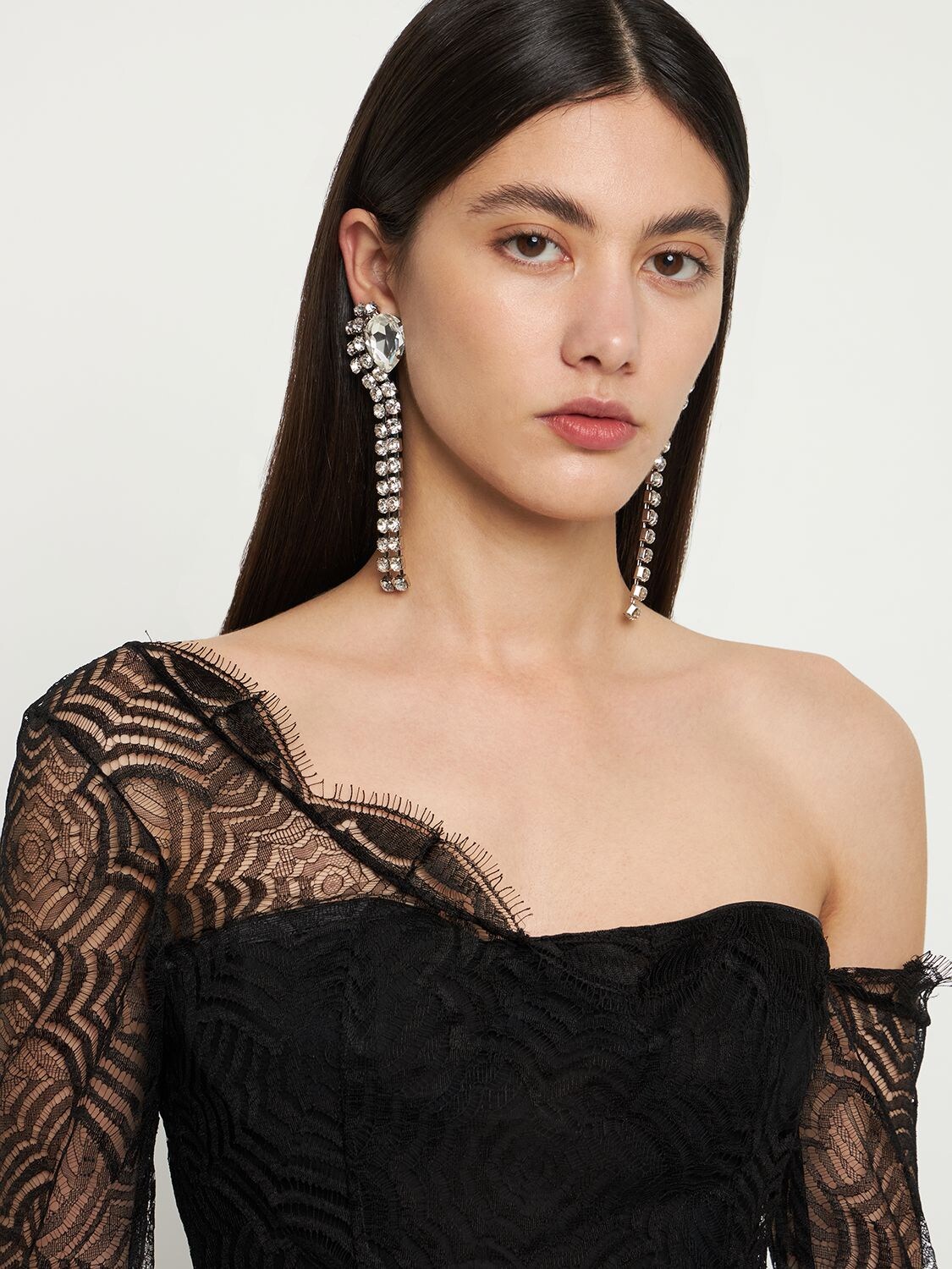 Shop Alessandra Rich Crystal Earrings W/ Fringes In Silver