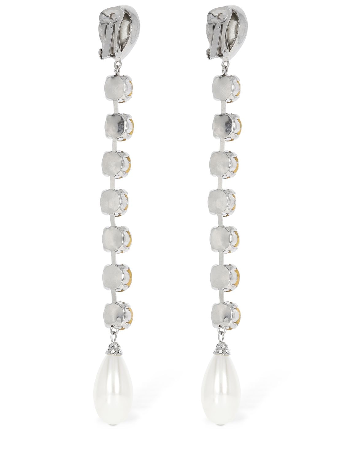 Shop Alessandra Rich Crystal Long Earrings W/ Faux Pearl In Crystal,white