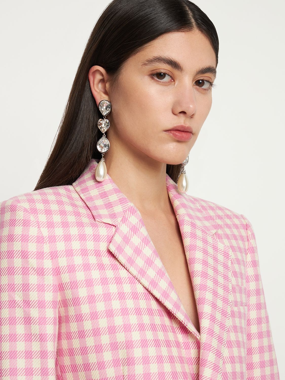Shop Alessandra Rich Crystal Earrings W/ Faux Pearl Pendants In Crystal,white