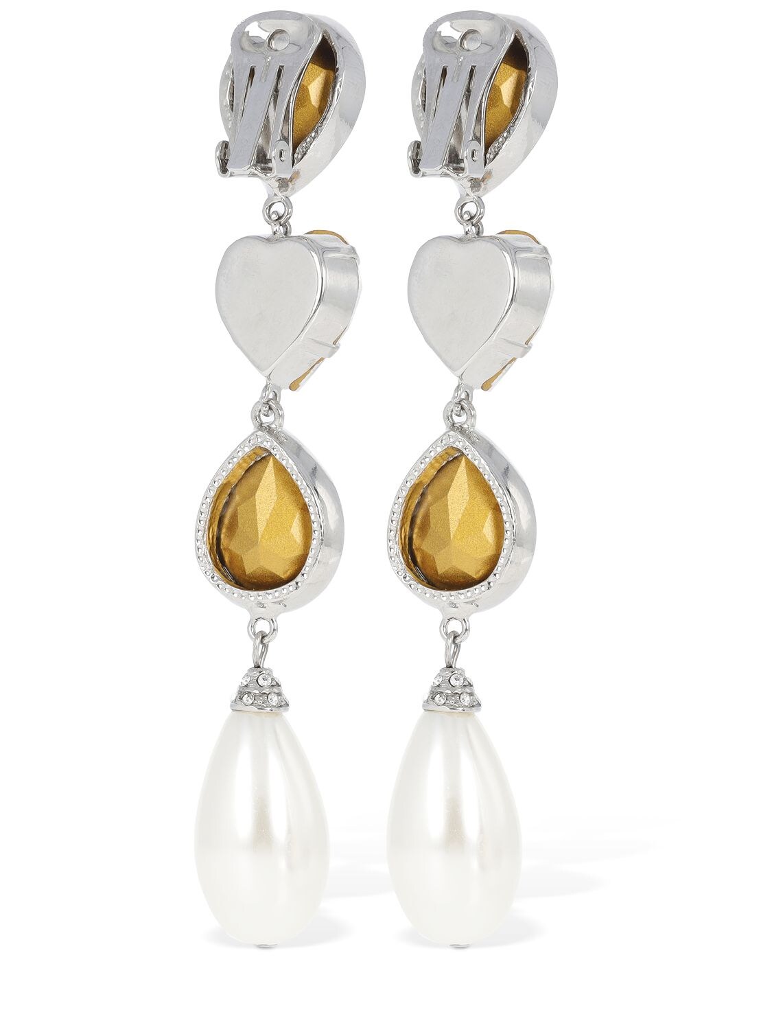 Shop Alessandra Rich Crystal Earrings W/ Faux Pearl Pendants In Crystal,white