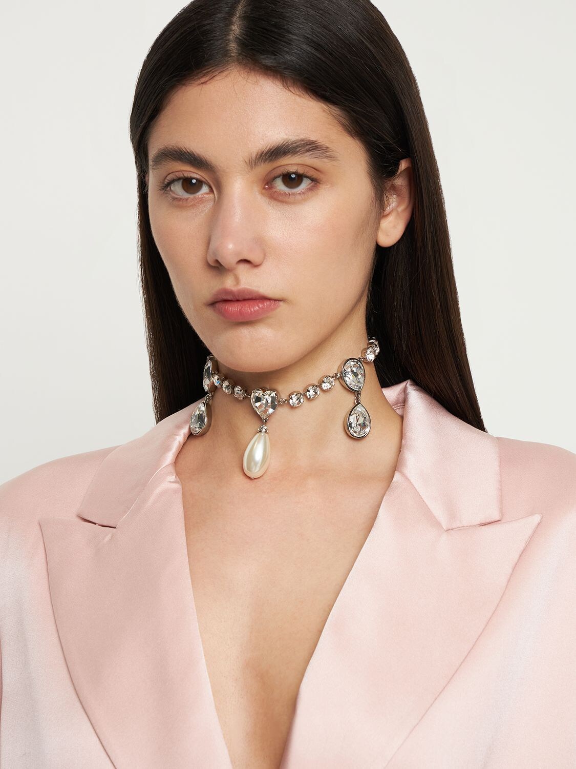 Shop Alessandra Rich Necklace W/ Crystal & Faux Pearl Drops In 화이트,크리스탈