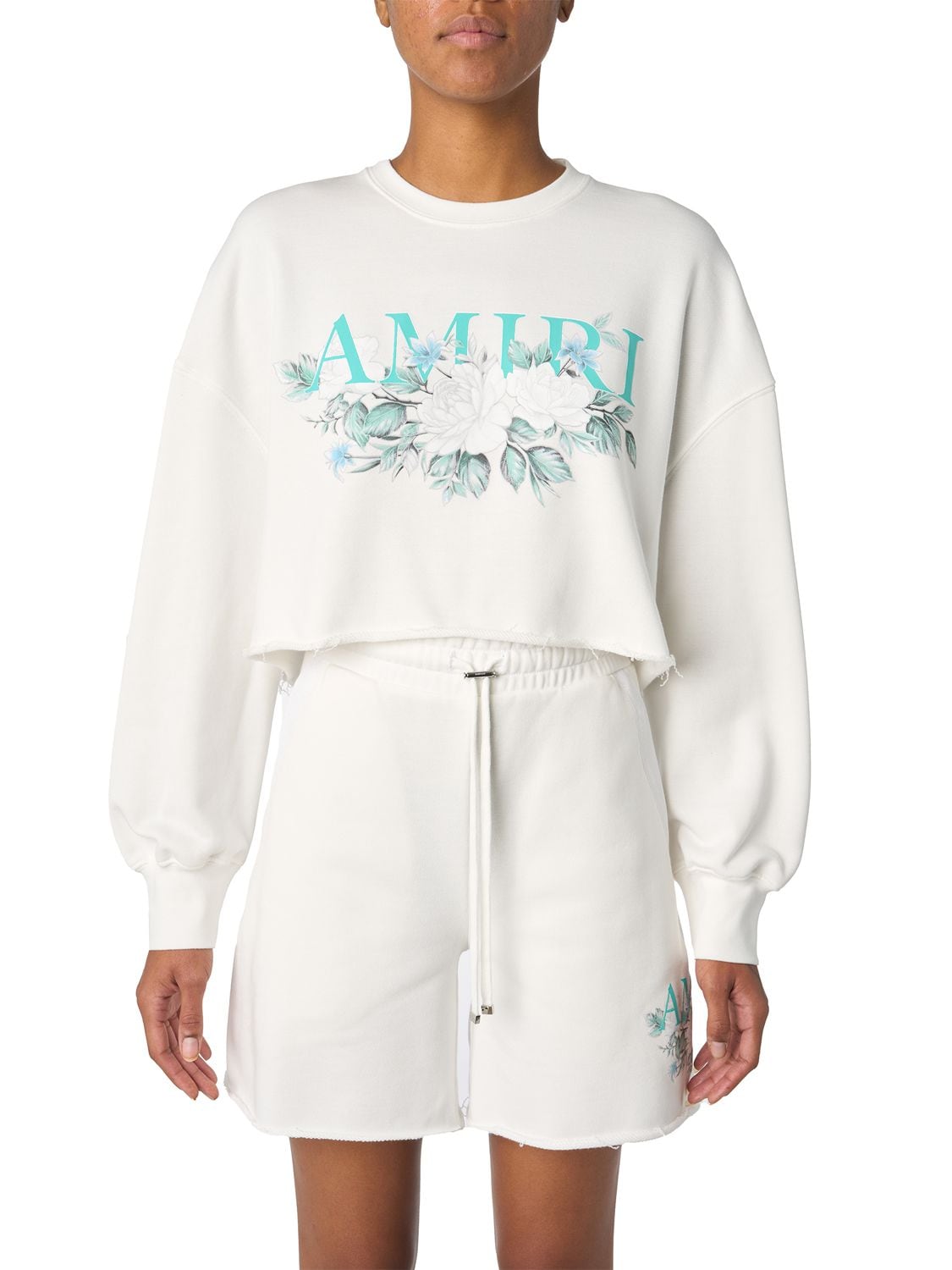 Amiri Floral Logo Print Crop Jersey Sweatshirt In White