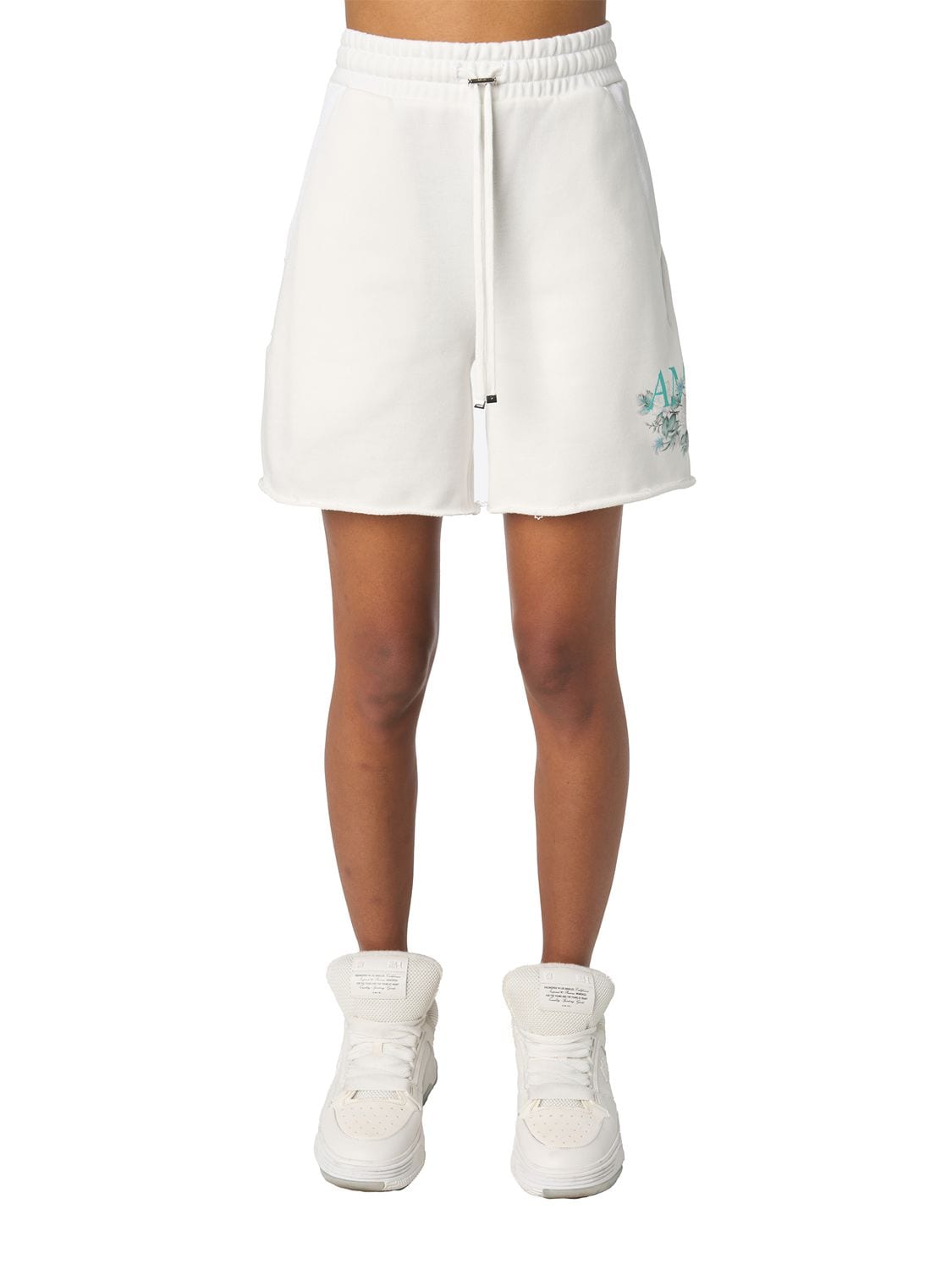 Amiri Floral Logo Print Jersey Shorts In White