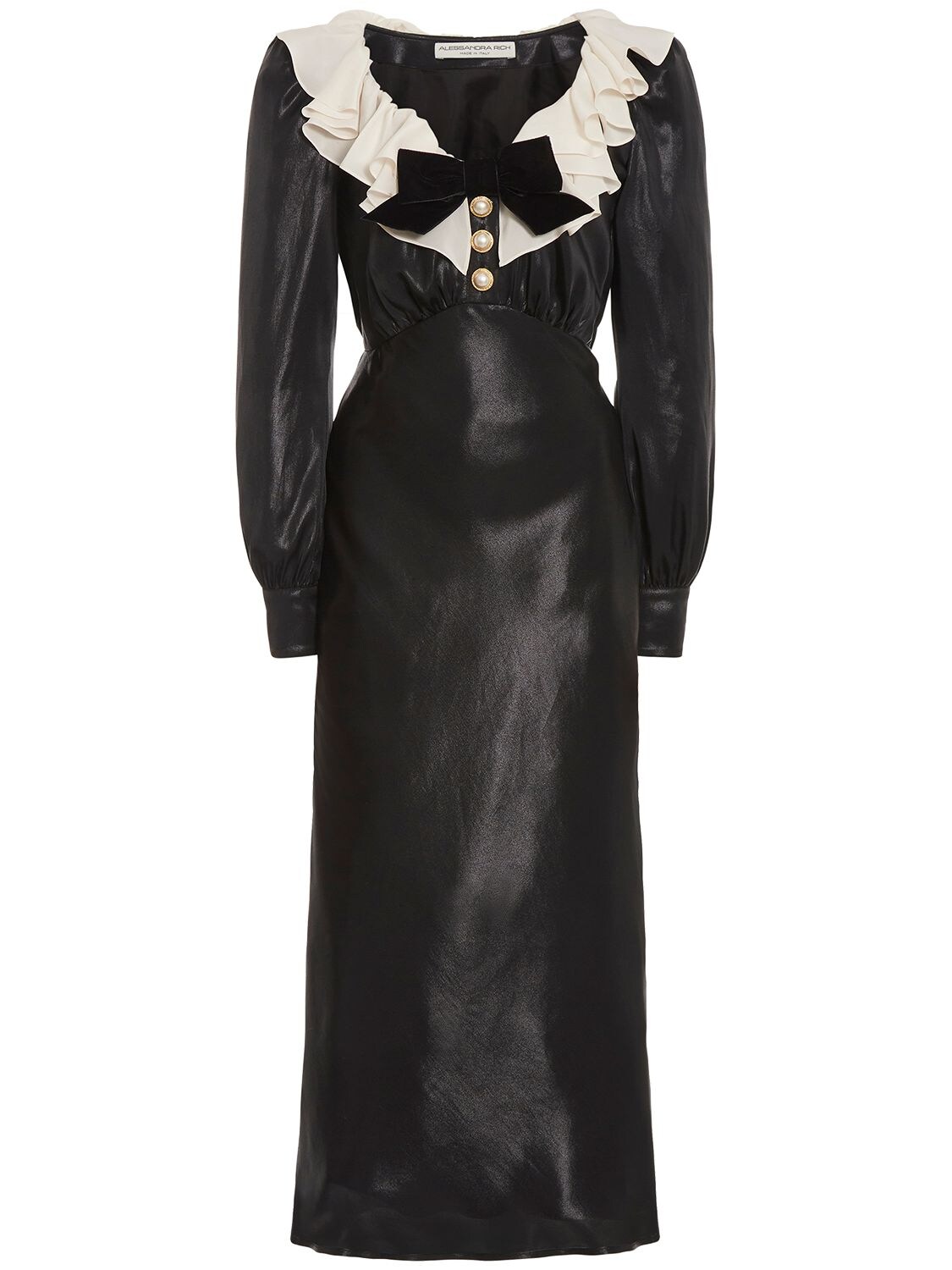 Shop Alessandra Rich Laminated Cady Volant Collar Midi Dress In Black