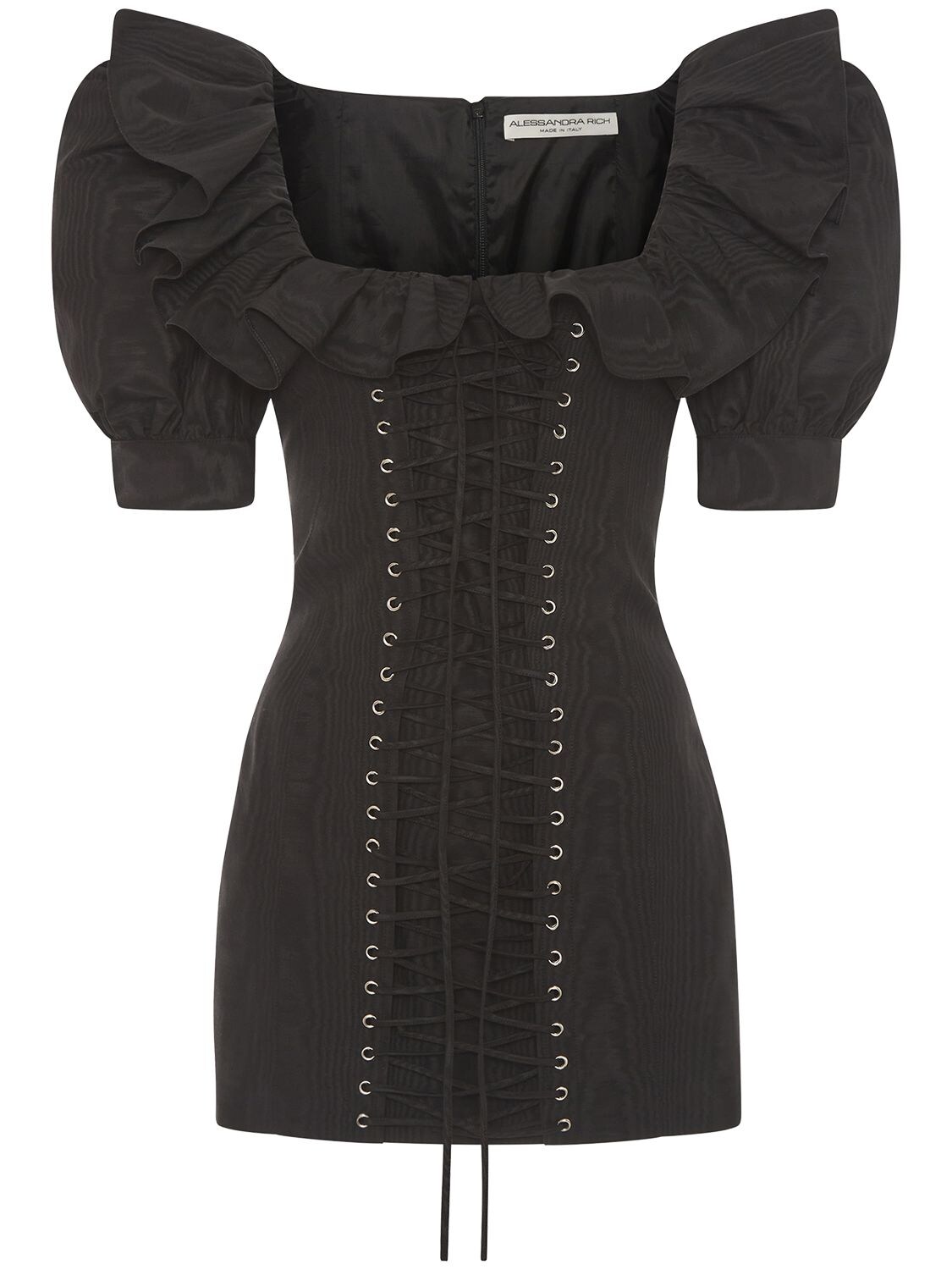 Shop Alessandra Rich Moiré Mini Dress W/ Lace-up Detail In Black