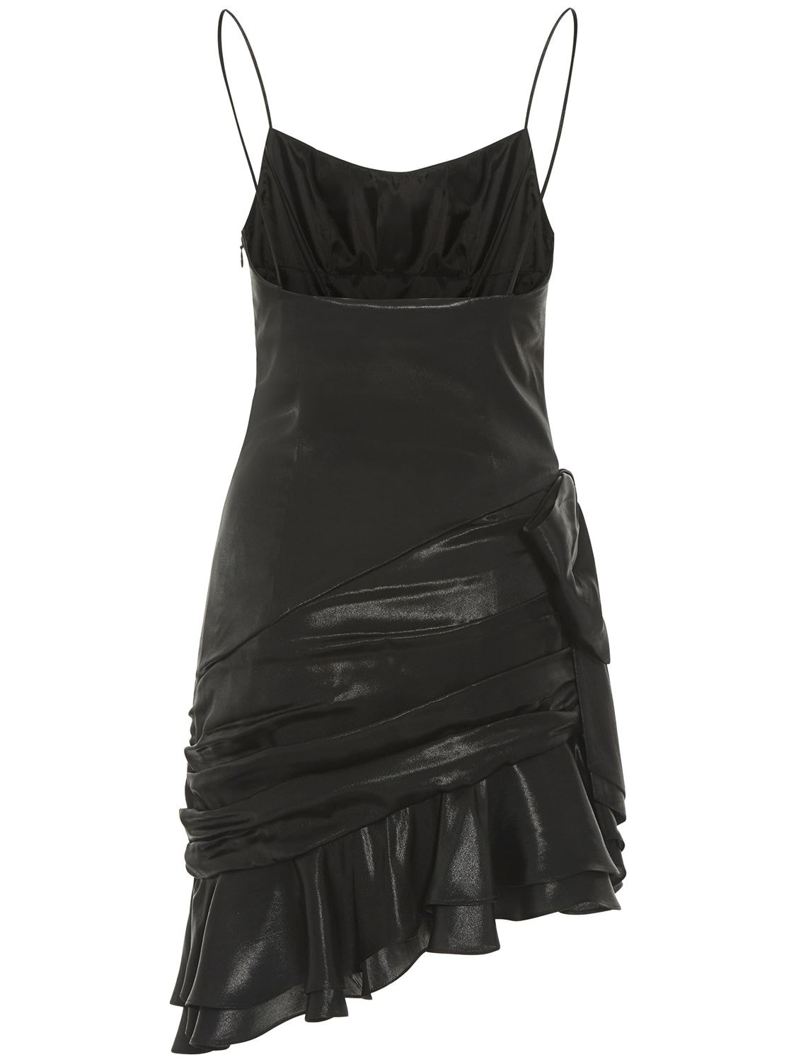 Shop Alessandra Rich Laminated Silk Blend Mini Dress W/volant In Black