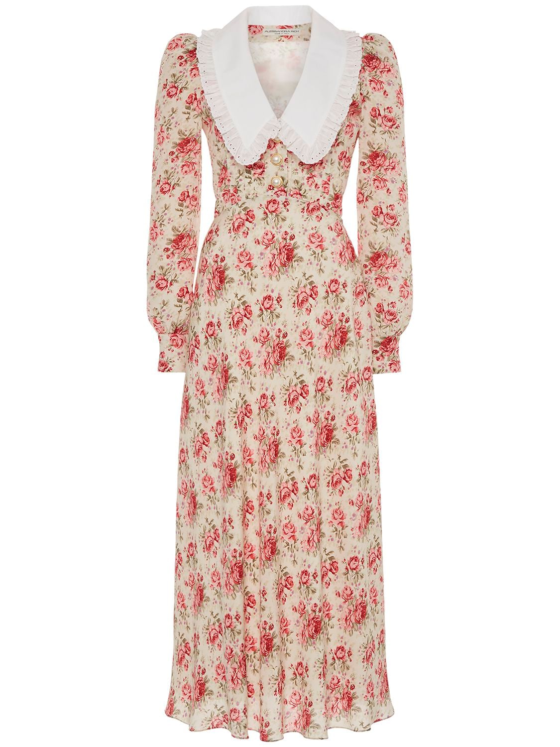 Shop Alessandra Rich Printed Silk Twill Midi Dress W/ Collar In Multicolor