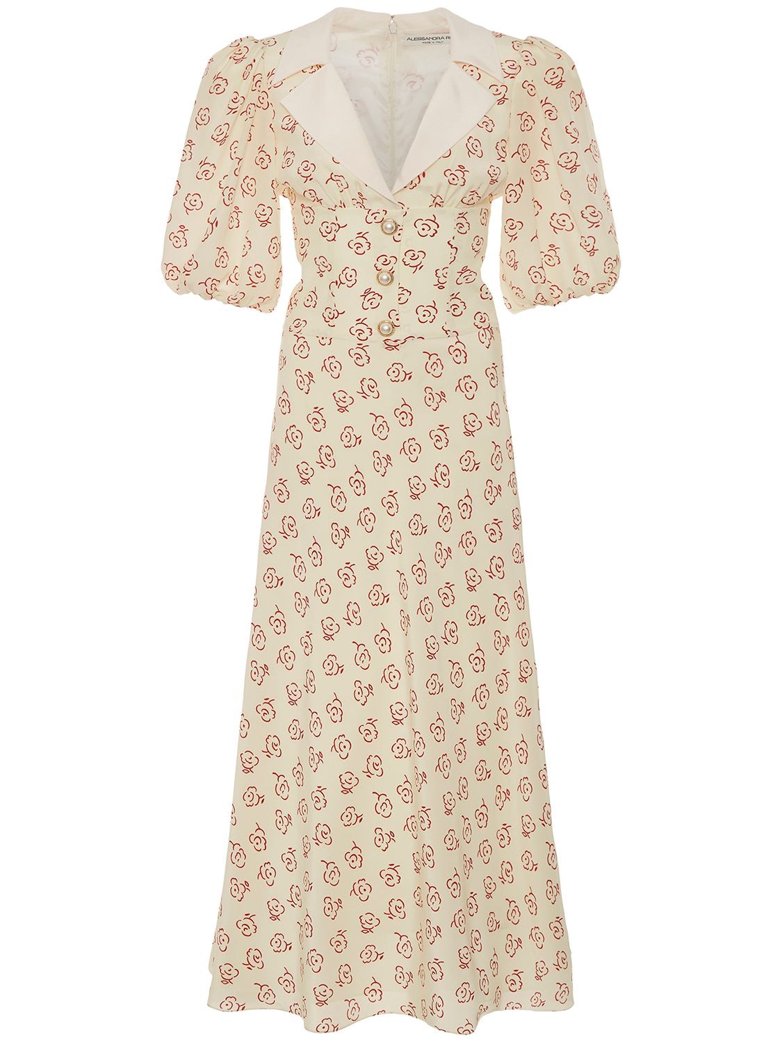 Alessandra Rich Puff-sleeve Floral Silk Midi Dress In Multicolor