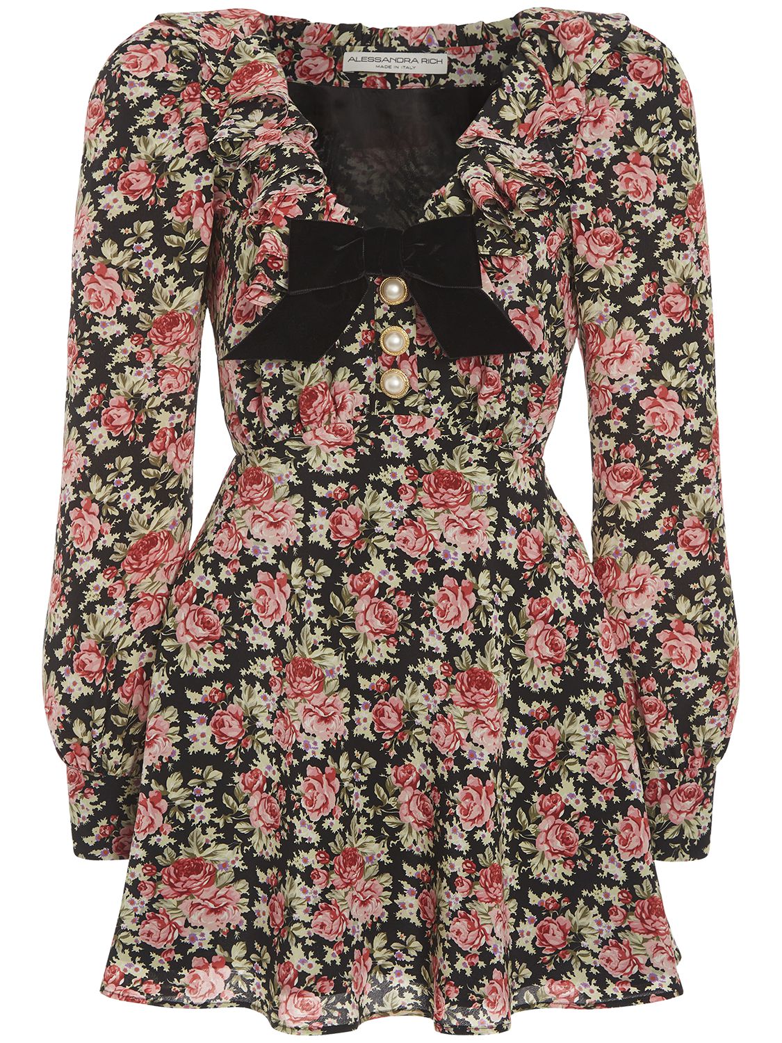 Shop Alessandra Rich Printed Silk Twill Mini Dress W/ Bow In Multicolor