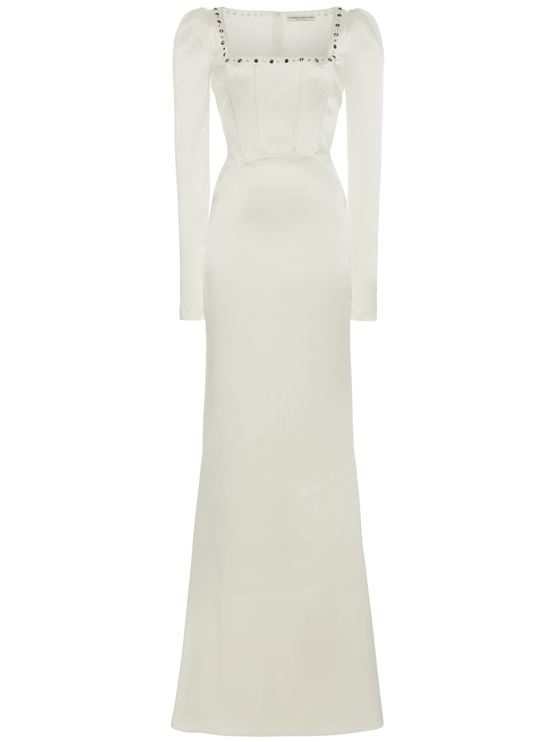 Alessandra Rich Studded Silk Satin Long Evening Dress In White