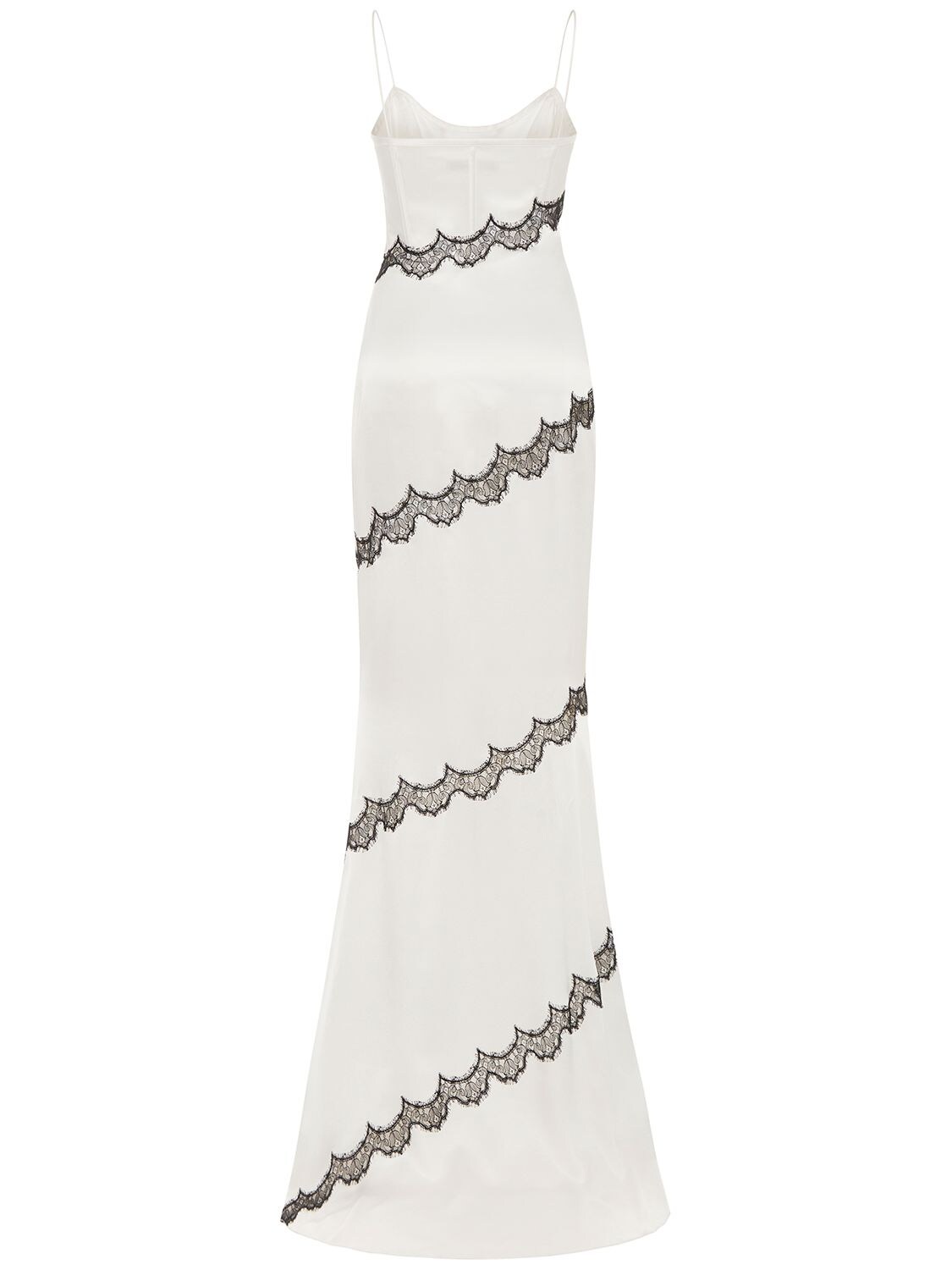 Shop Alessandra Rich Silk Satin Long Evening Dress W/ Lace In White,black