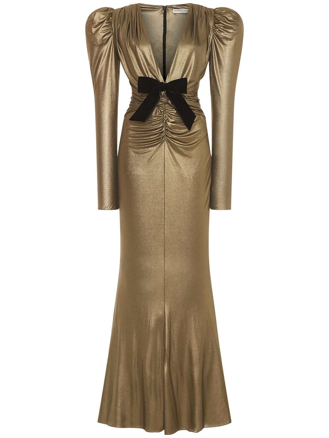 Shop Alessandra Rich Laminated Ruched Cady V-neck Midi Dress In Gold