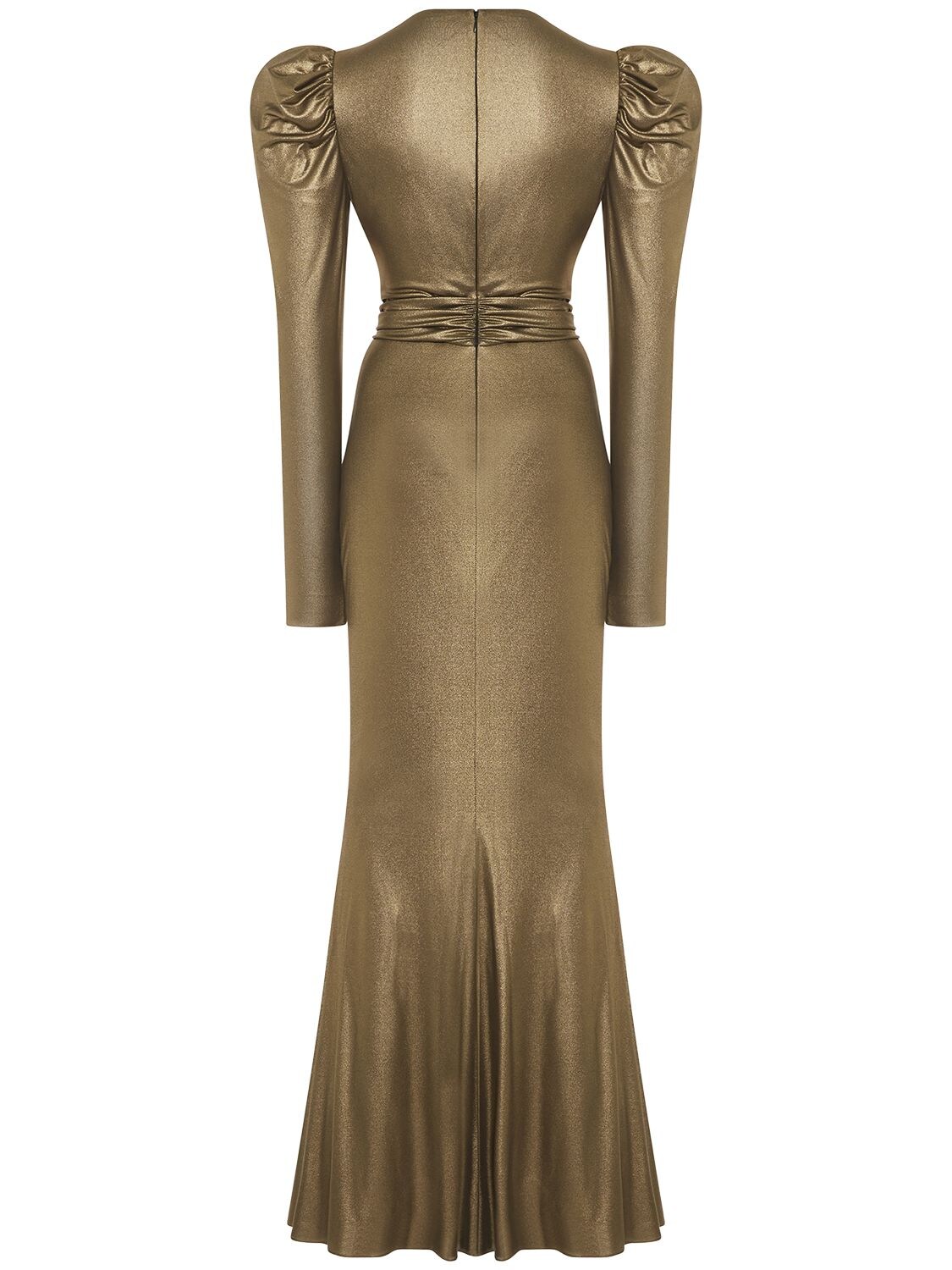 Shop Alessandra Rich Laminated Ruched Cady V-neck Midi Dress In Gold