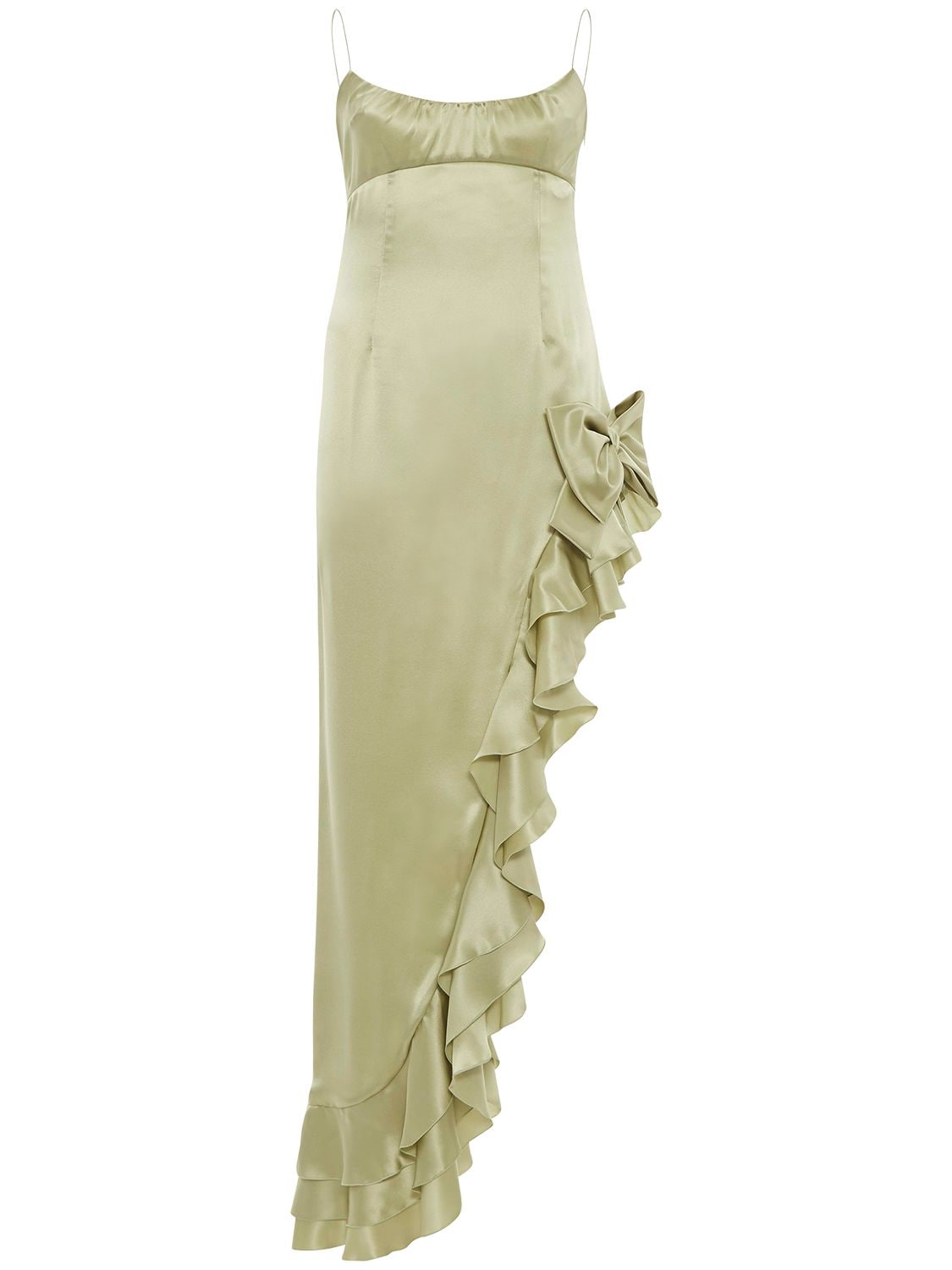 Alessandra Rich Asymmetric Ruffled Silk-satin Maxi Dress In Light Green