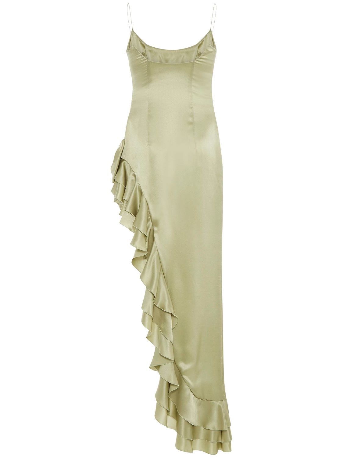 Shop Alessandra Rich Silk Satin Long Dress W/ Side Ruffle In Light Green
