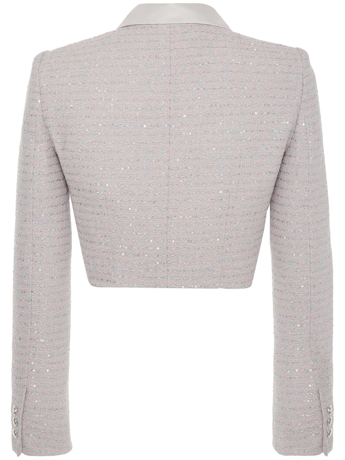 Shop Alessandra Rich Sequined Tweed Cropped Jacket W/ Collar In Light Blue