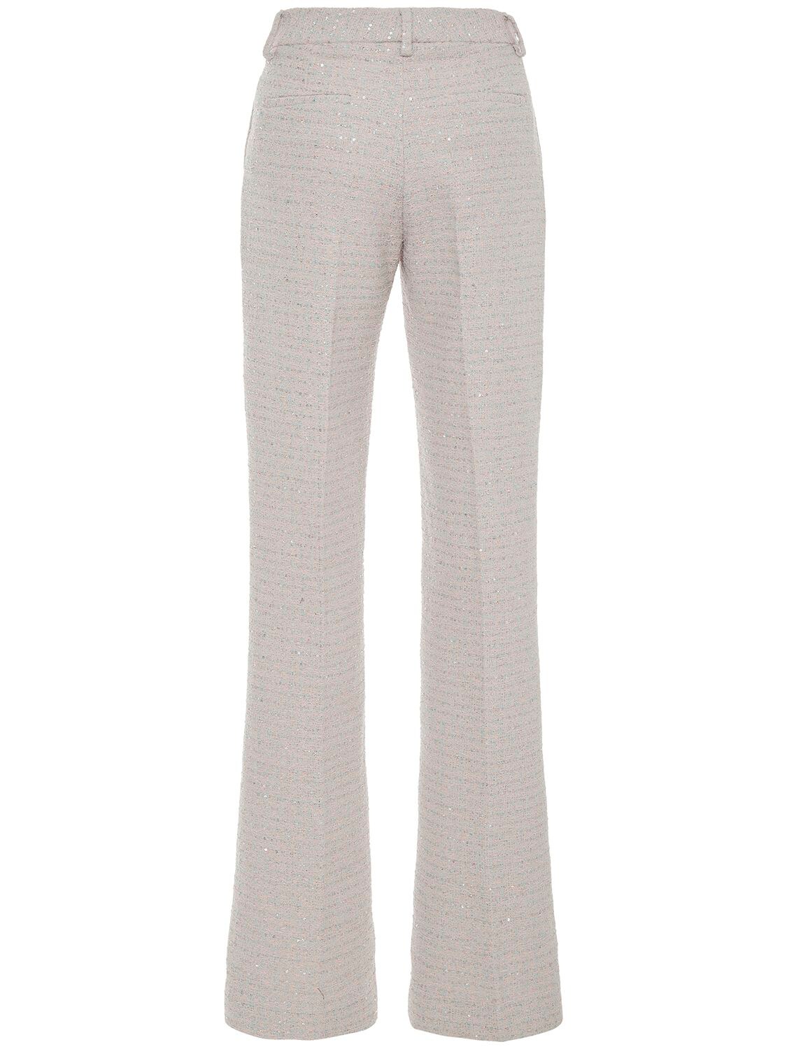 Shop Alessandra Rich Mid Rise Sequined Tweed Straight Pants In Light Blue