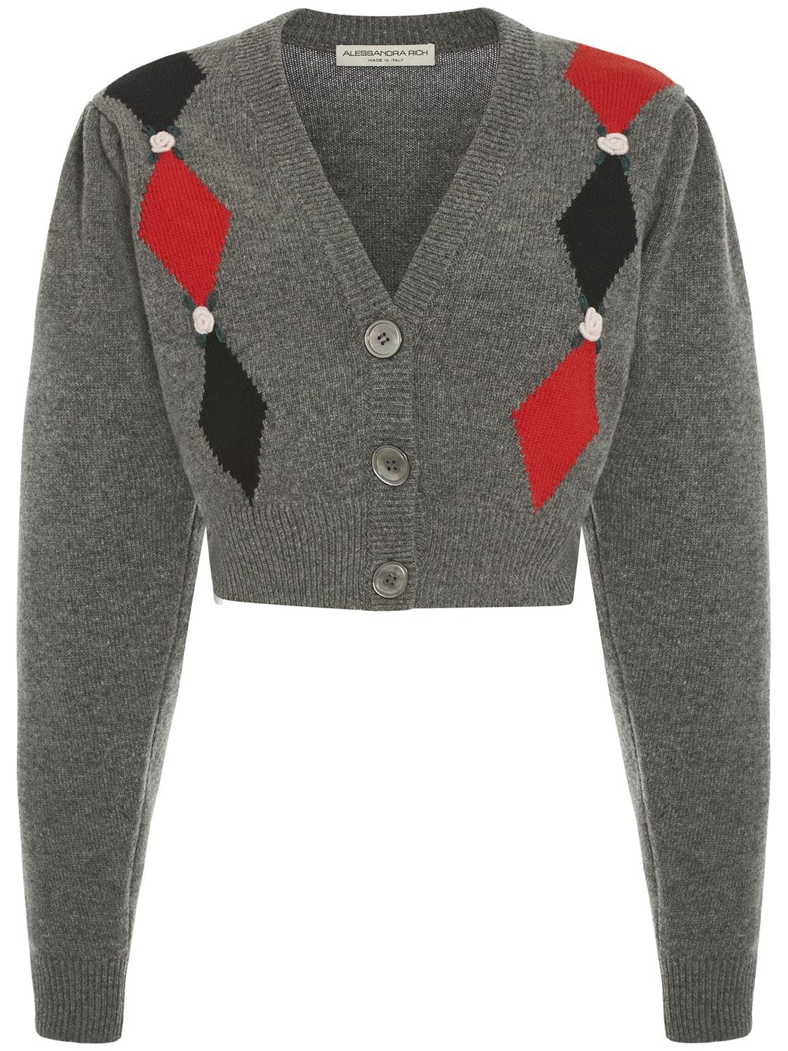 Shop Alessandra Rich Diamond Jacquard Wool Knit Crop Cardigan In Grey