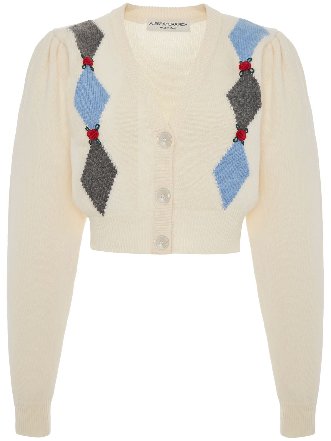 Shop Alessandra Rich Diamond Jacquard Wool Knit Crop Cardigan In White