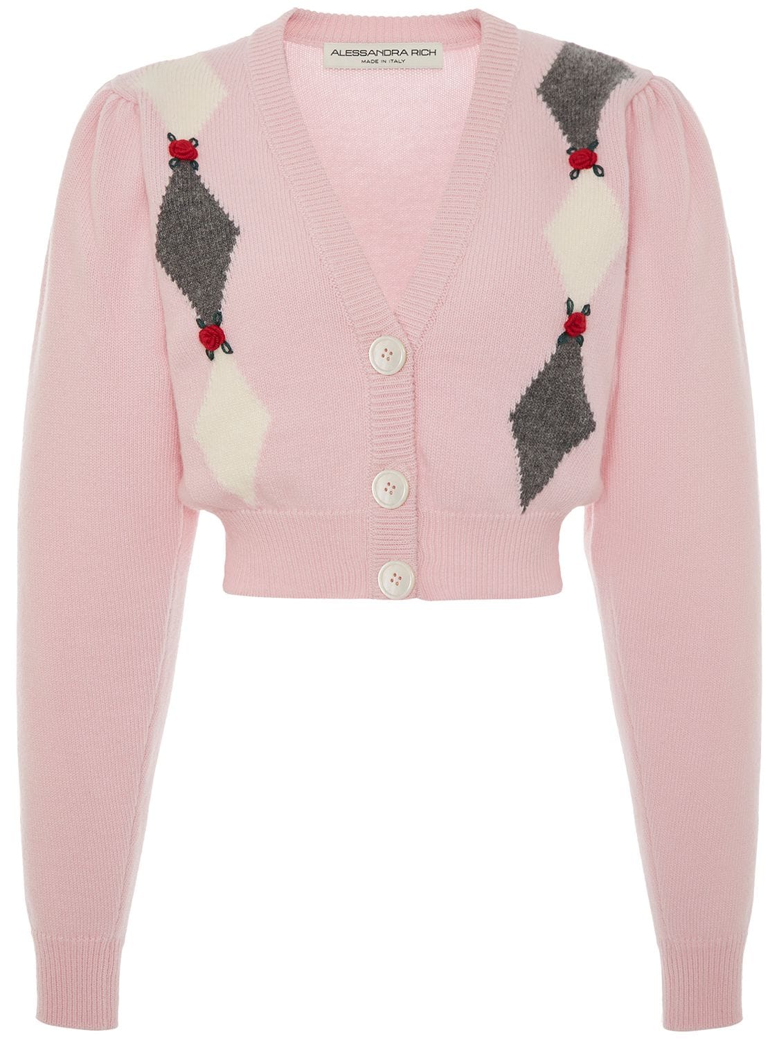 Shop Alessandra Rich Diamond Jacquard Wool Knit Crop Cardigan In Pink