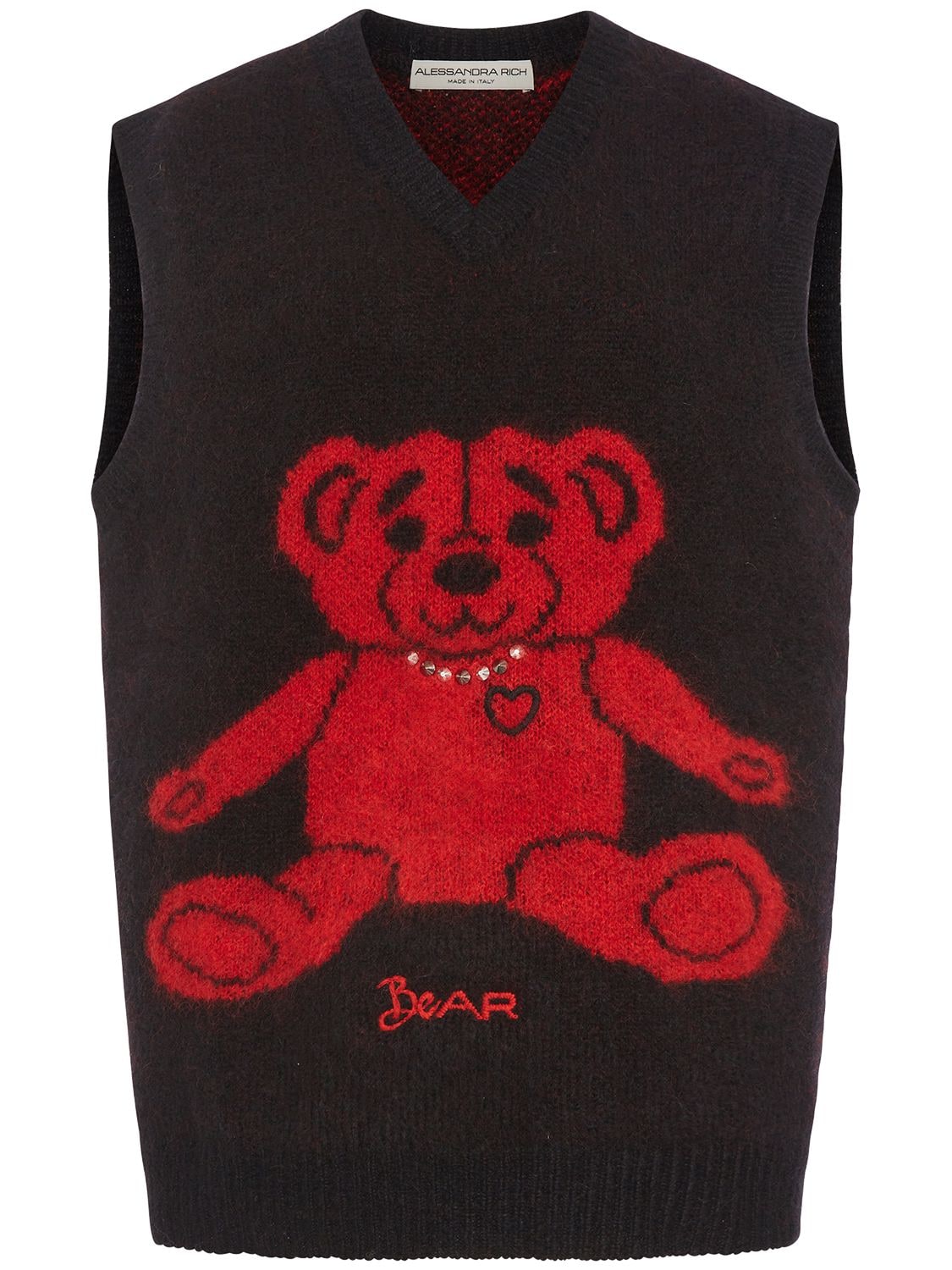 Shop Alessandra Rich Wool Knit Vest W/ Bear And Crystals In Black