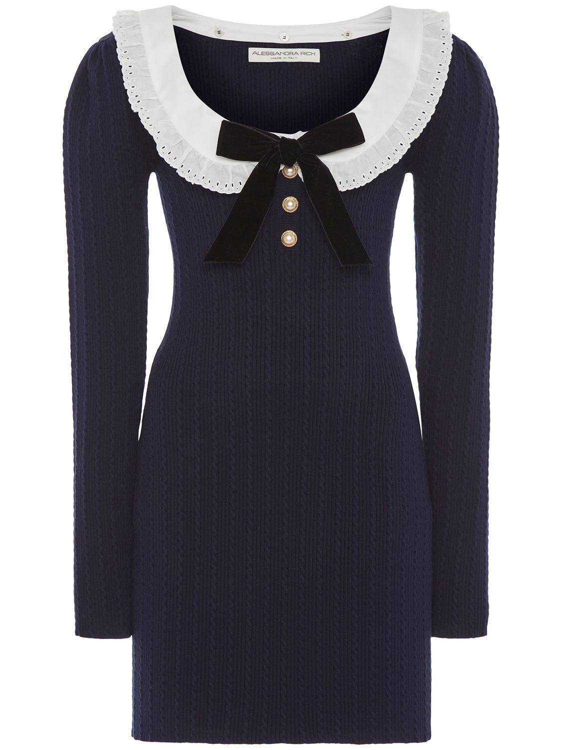 Shop Alessandra Rich Cotton Knit Midi Dress W/ Collar In Navy
