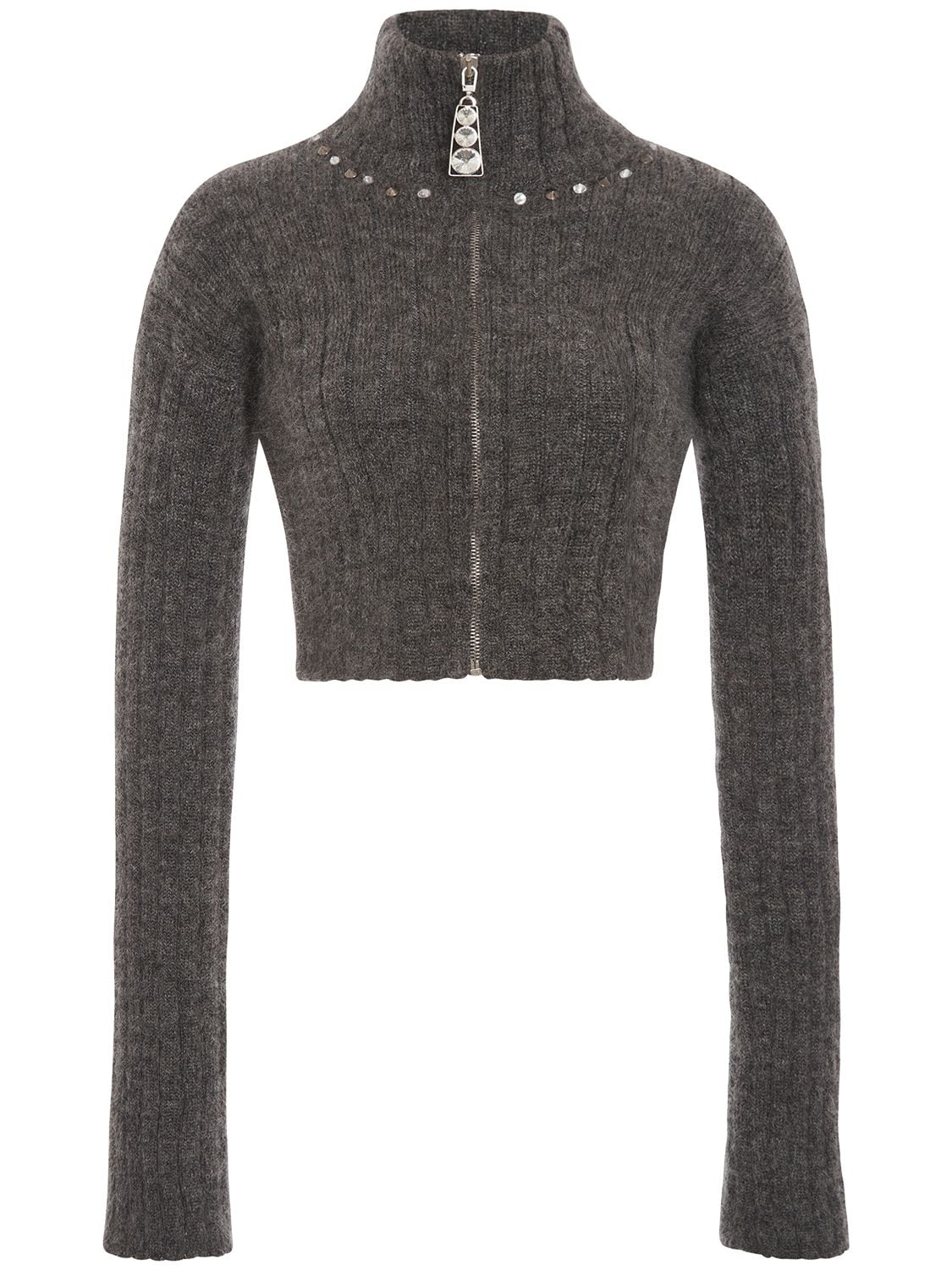 Shop Alessandra Rich Mohair Blend Knit Crop Cardigan In Grey