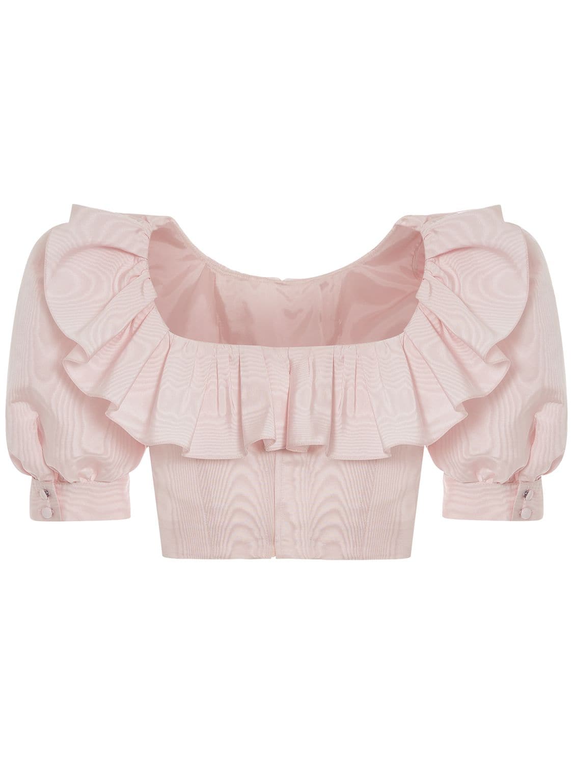Shop Alessandra Rich Ruffled Moiré Crop Top W/ Lace Up In Pink