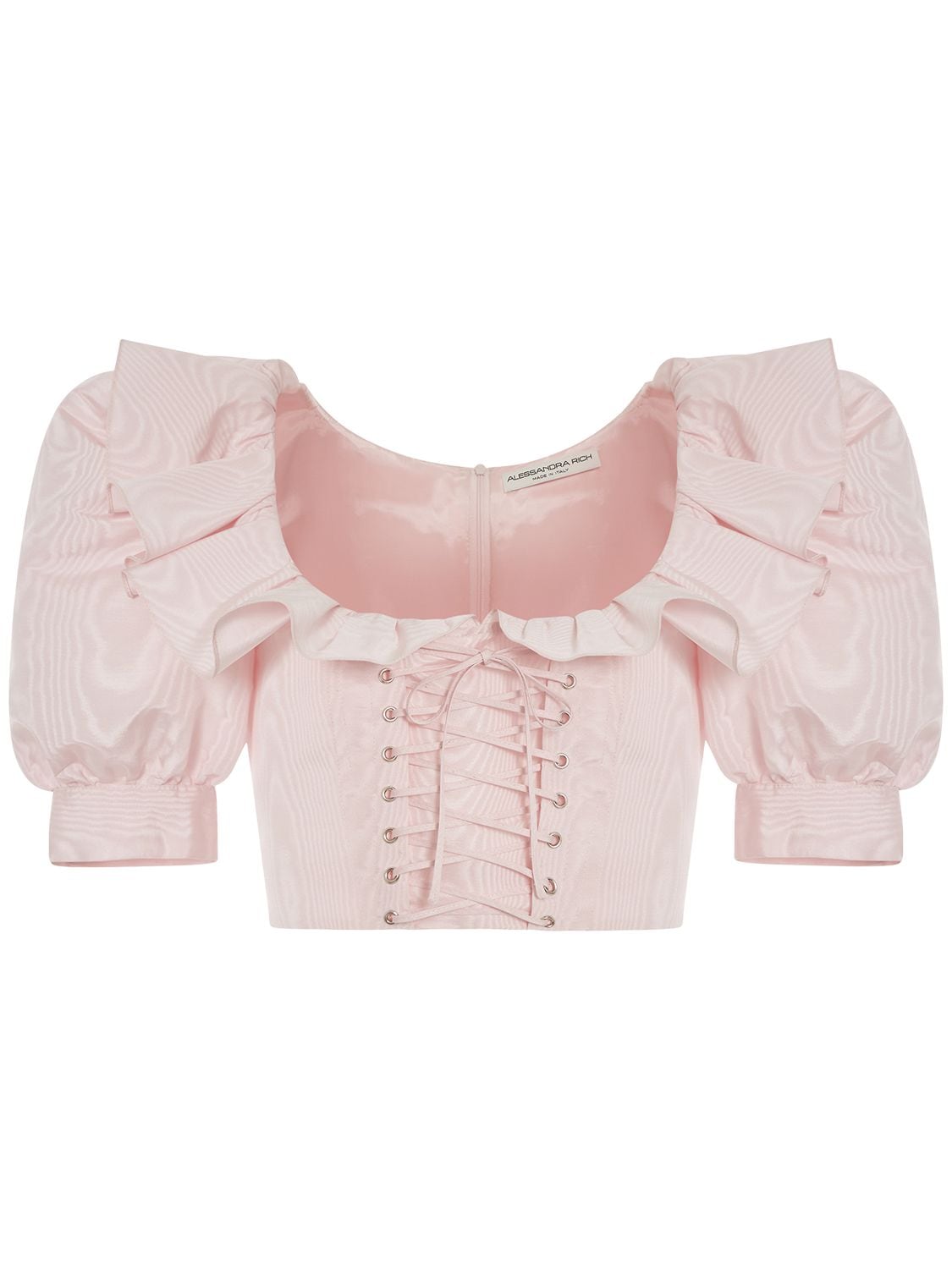 Alessandra Rich Ruffled Moiré Crop Top W/ Lace Up In Pink