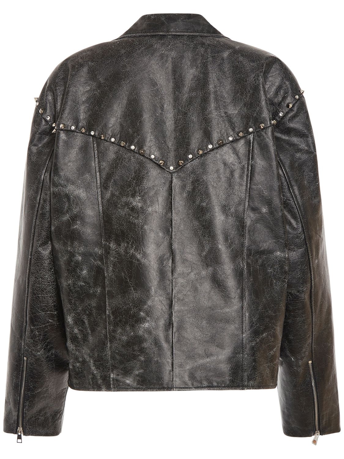 Shop Alessandra Rich Studded Leather Oversize Biker Jacket In Grey
