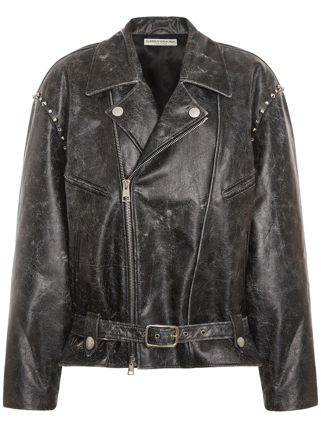 Alessandra Rich Studded Leather Oversize Biker Jacket In Grey