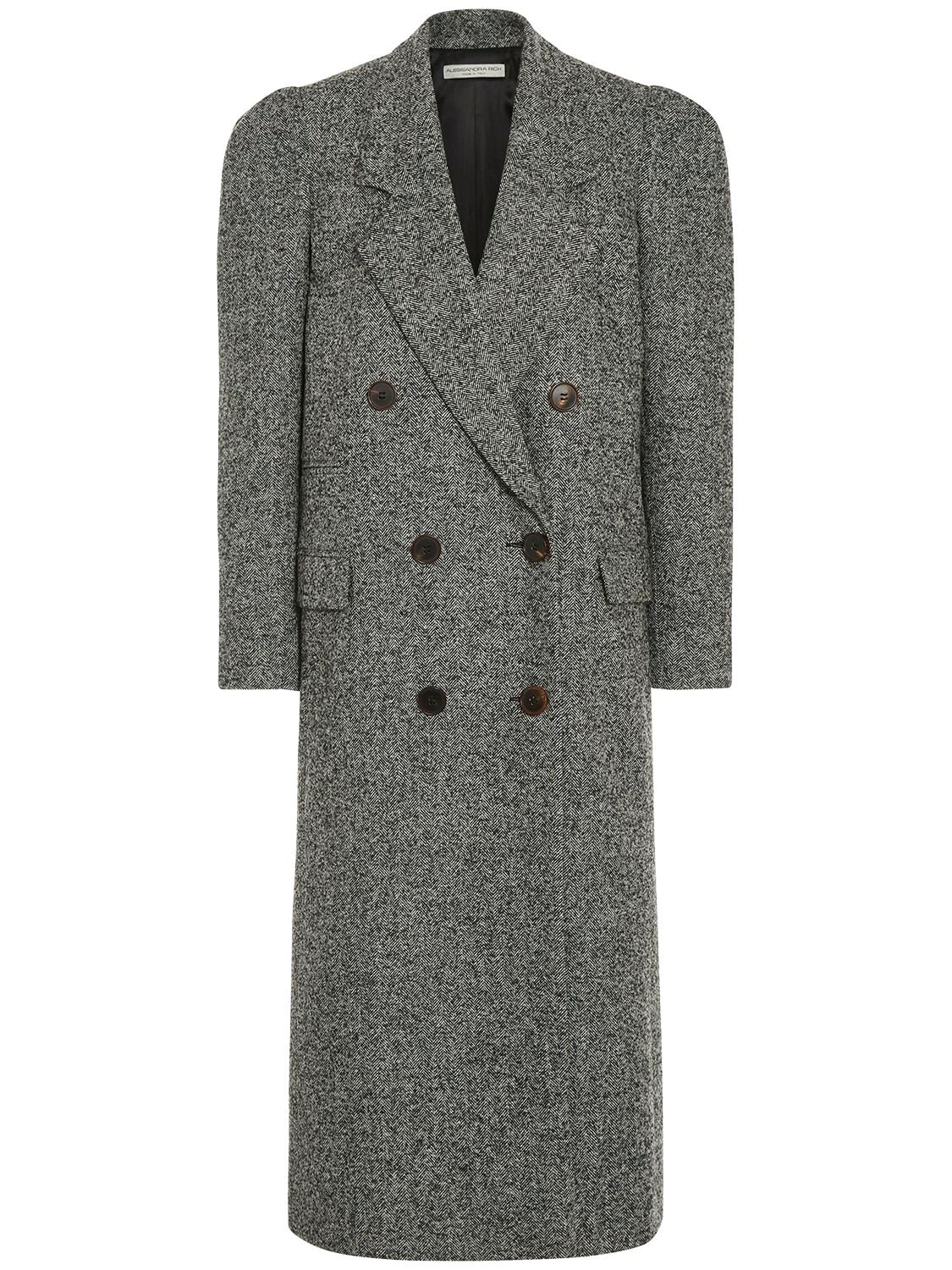 Alessandra Rich Oversize Herringbone Tweed Long Coat In Grey
