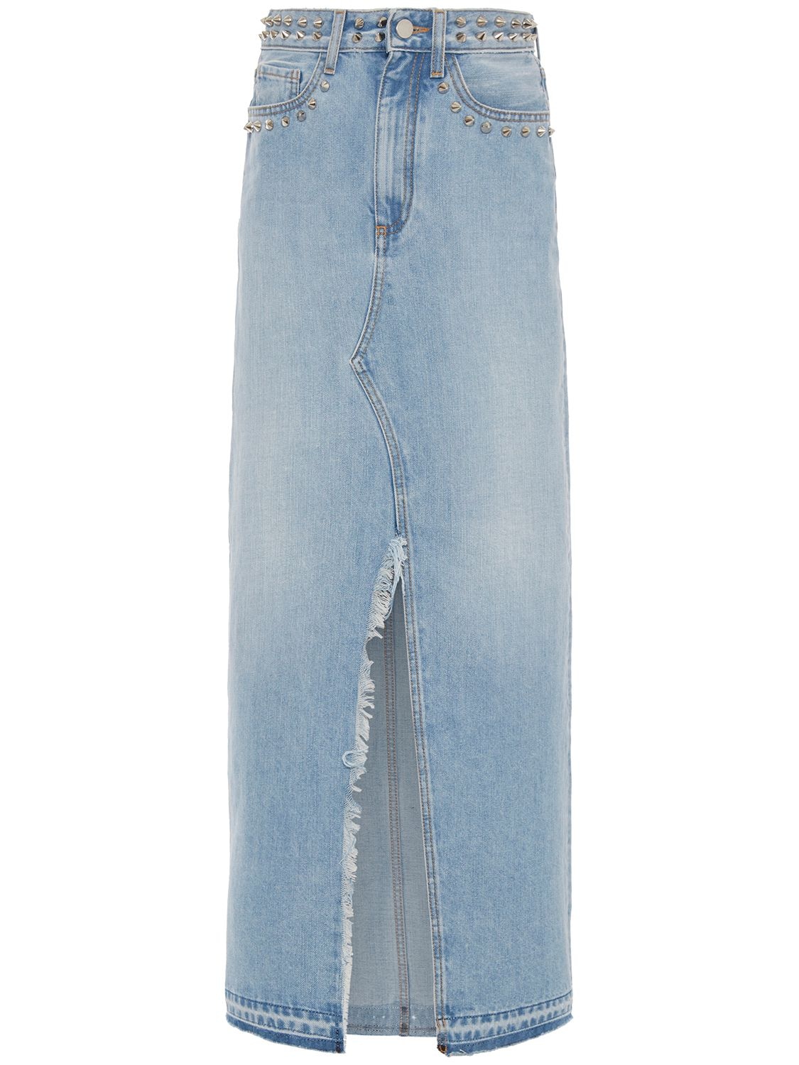 Shop Alessandra Rich Studded Denim Long Skirt In Light Blue