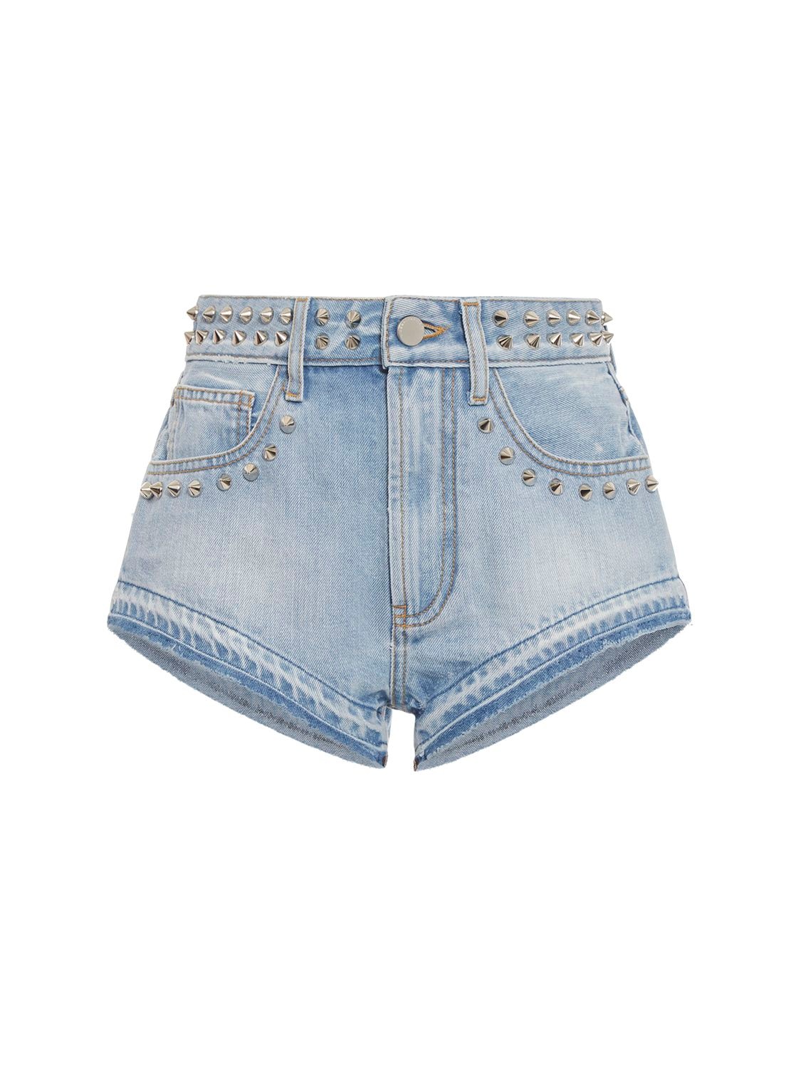 Alessandra Rich Studded Denim Mini Shorts In Light Blue