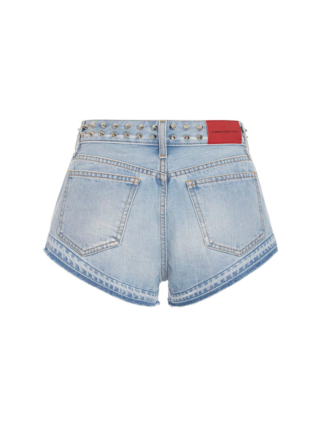 Shop Alessandra Rich Studded Denim Mini Shorts In Light Blue