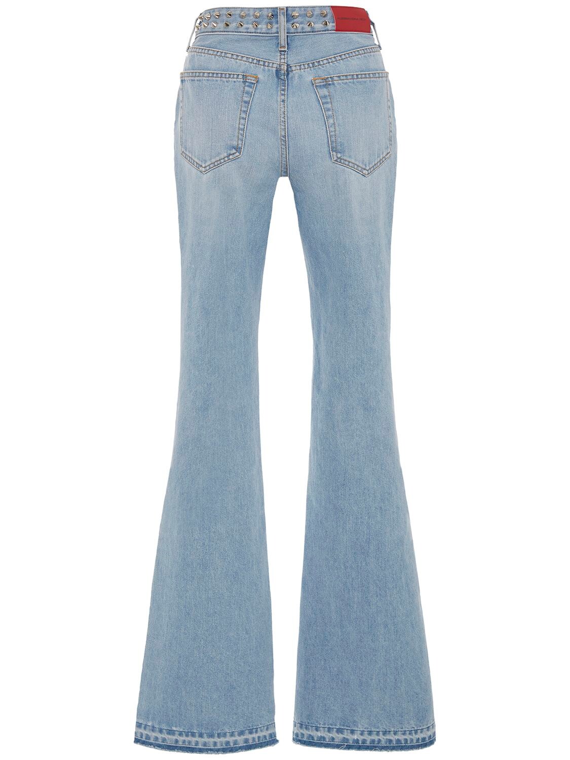 Shop Alessandra Rich Mid Rise Studded Denim Flared Jeans In Light Blue