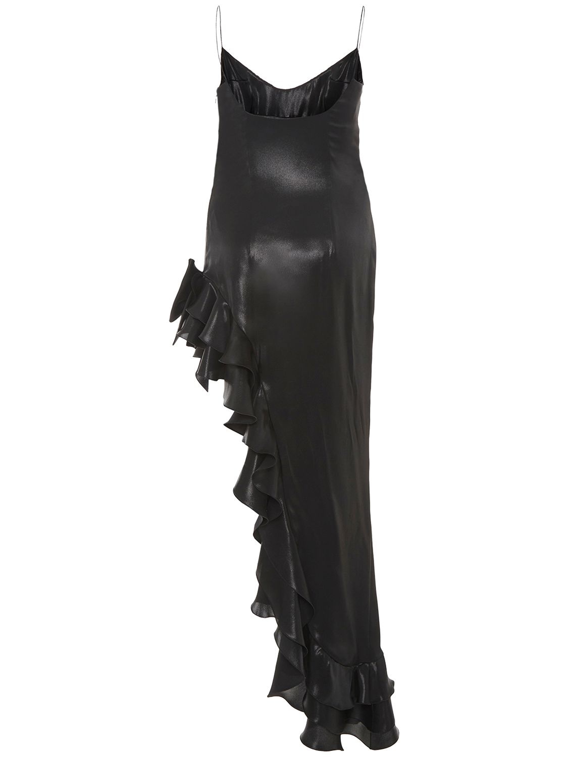 Shop Alessandra Rich Laminated Satin Long Dress W/side Ruffle In Black