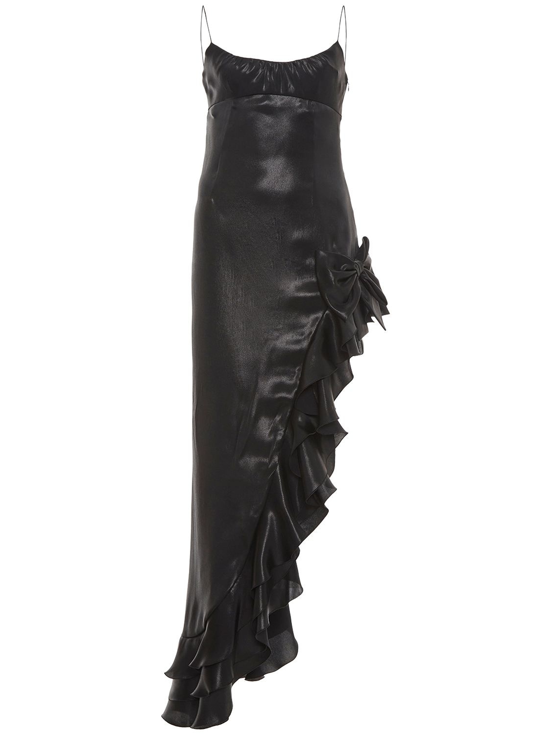 Shop Alessandra Rich Laminated Satin Long Dress W/side Ruffle In Black