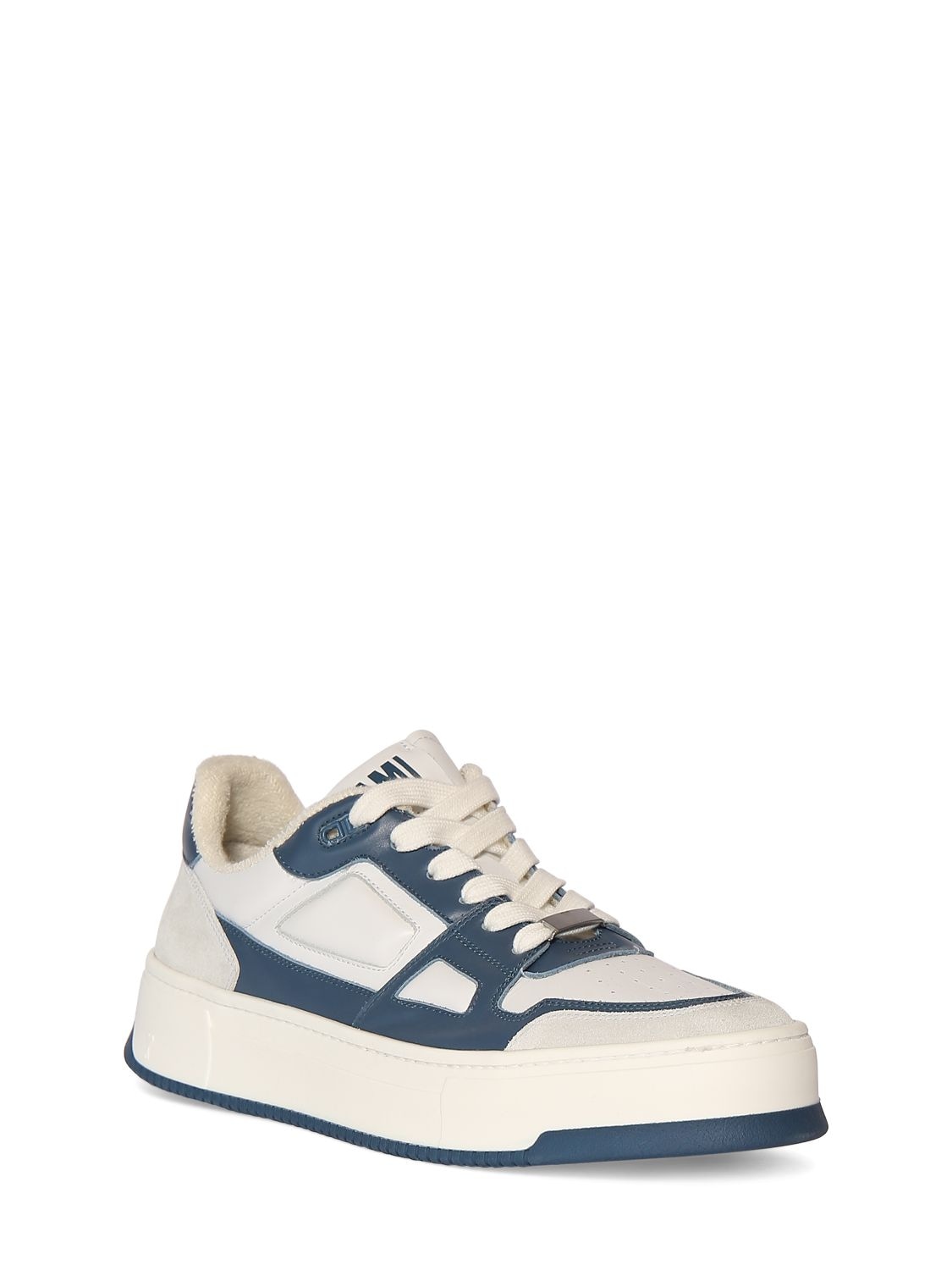 Shop Ami Alexandre Mattiussi New Arcade Leather Low Top Sneakers In White,blue