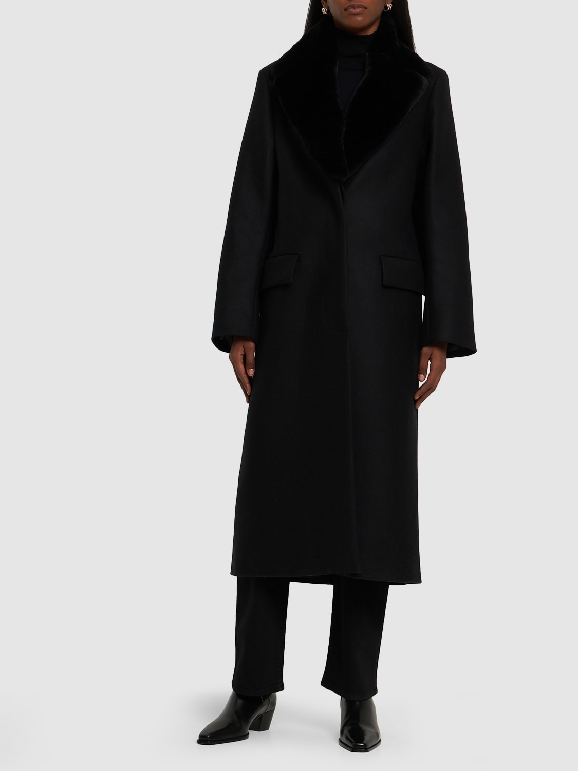 Shop Totême Wool Blend Long Coat W/shearling Collar In Dark Grey